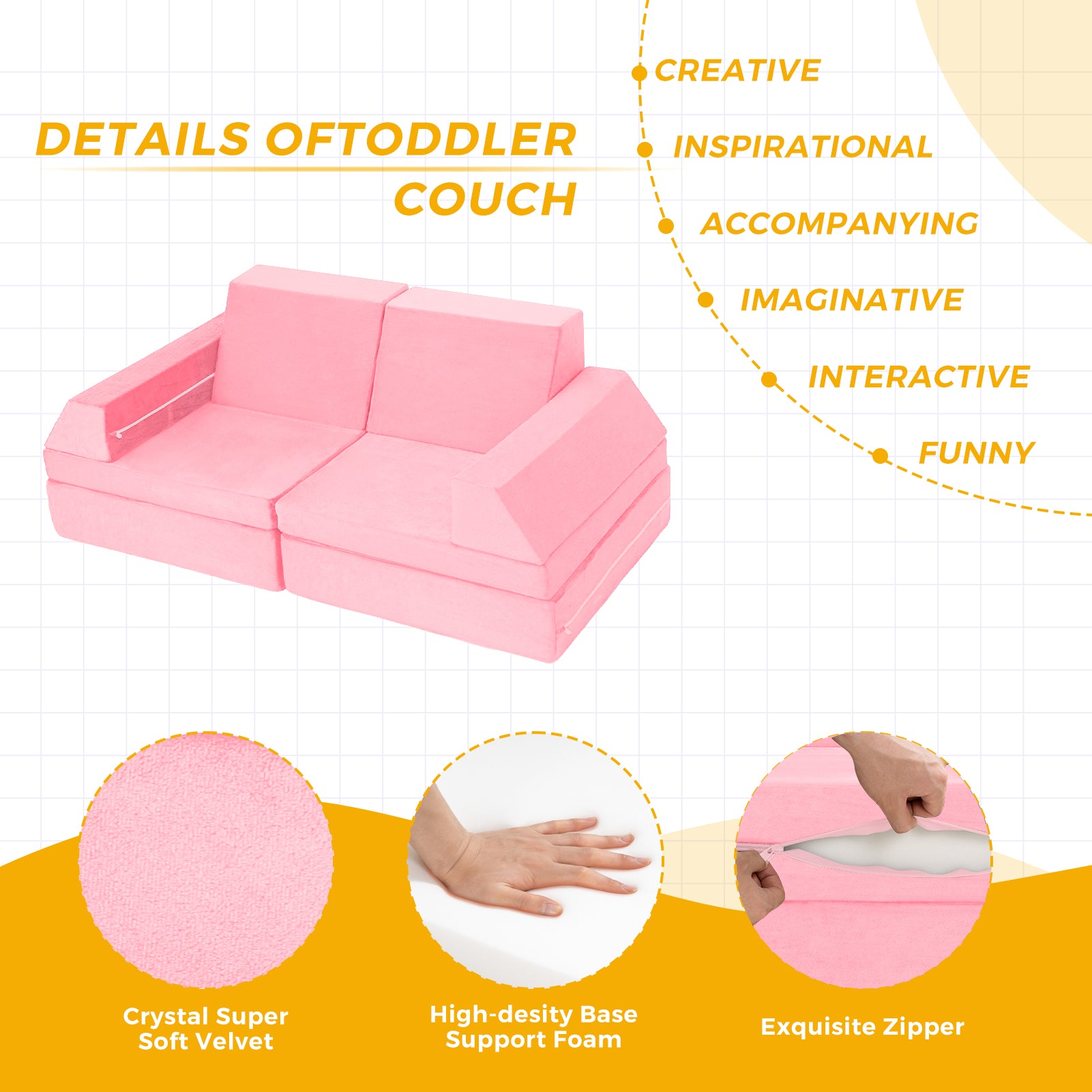 MAXYOYO 10-Piece Modular Convertible Kids Play Couch Sofa Set with Removable Soft Velvet Covers - Pink | Playroom Furniture for Toddlers & Children | Perfect for Playtime, Reading Nook & Sleepovers