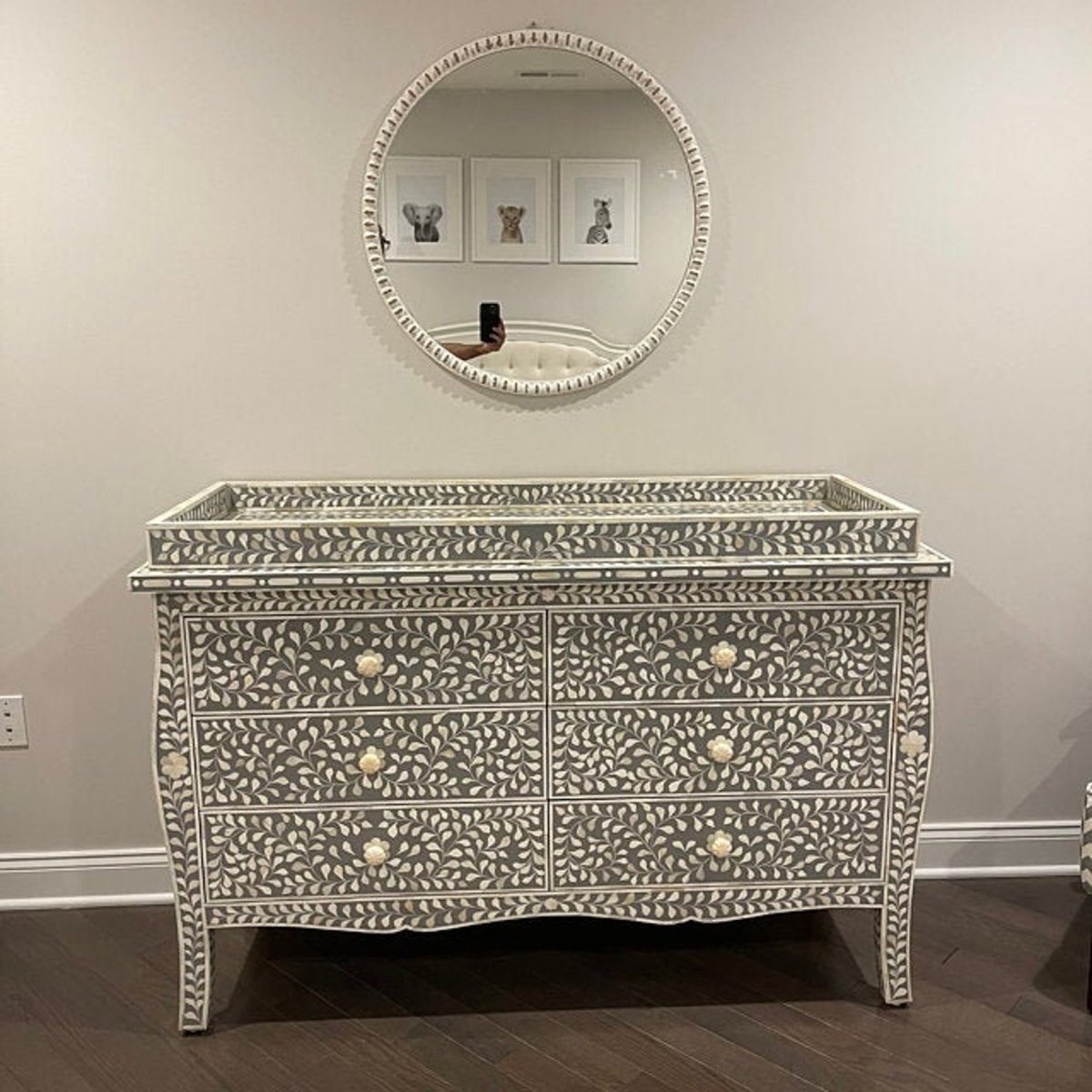 Handmade Bone Inlay 6-Drawer Colonial Dresser with Topper - French Style Vintage Bedroom Dresser for Master Bedroom & Guest Room Furniture Decor