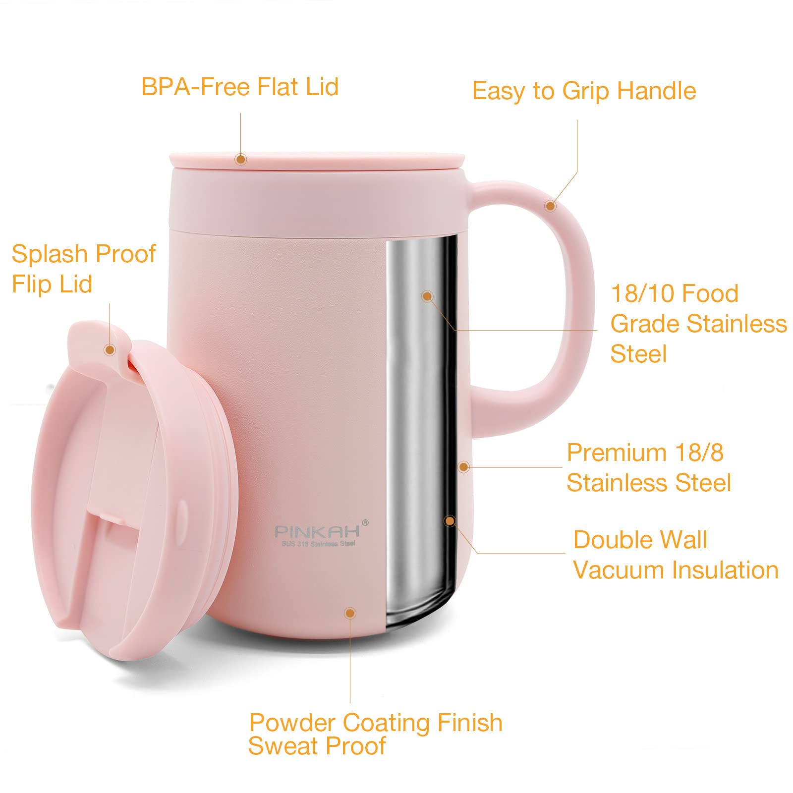 Premium 16oz Stainless Steel Vacuum Insulated Coffee Mug with Leak-Proof Lid & Ergonomic Handle - Double Wall Insulation Keeps Drinks Hot/Cold for Hours - Perfect for Office, Travel, Camping & Outdoor Activities (Pink)