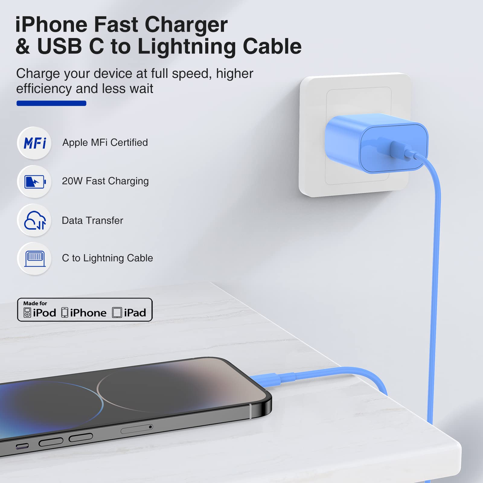 10ft iPhone Fast Charger with 20W USB C Wall Adapter - Type C to Lightning Cable for iPhone 14/13/12/11/Pro Max/Plus & iPad - 2 Pack Blue - Perfect for Home, Office & Travel Charging