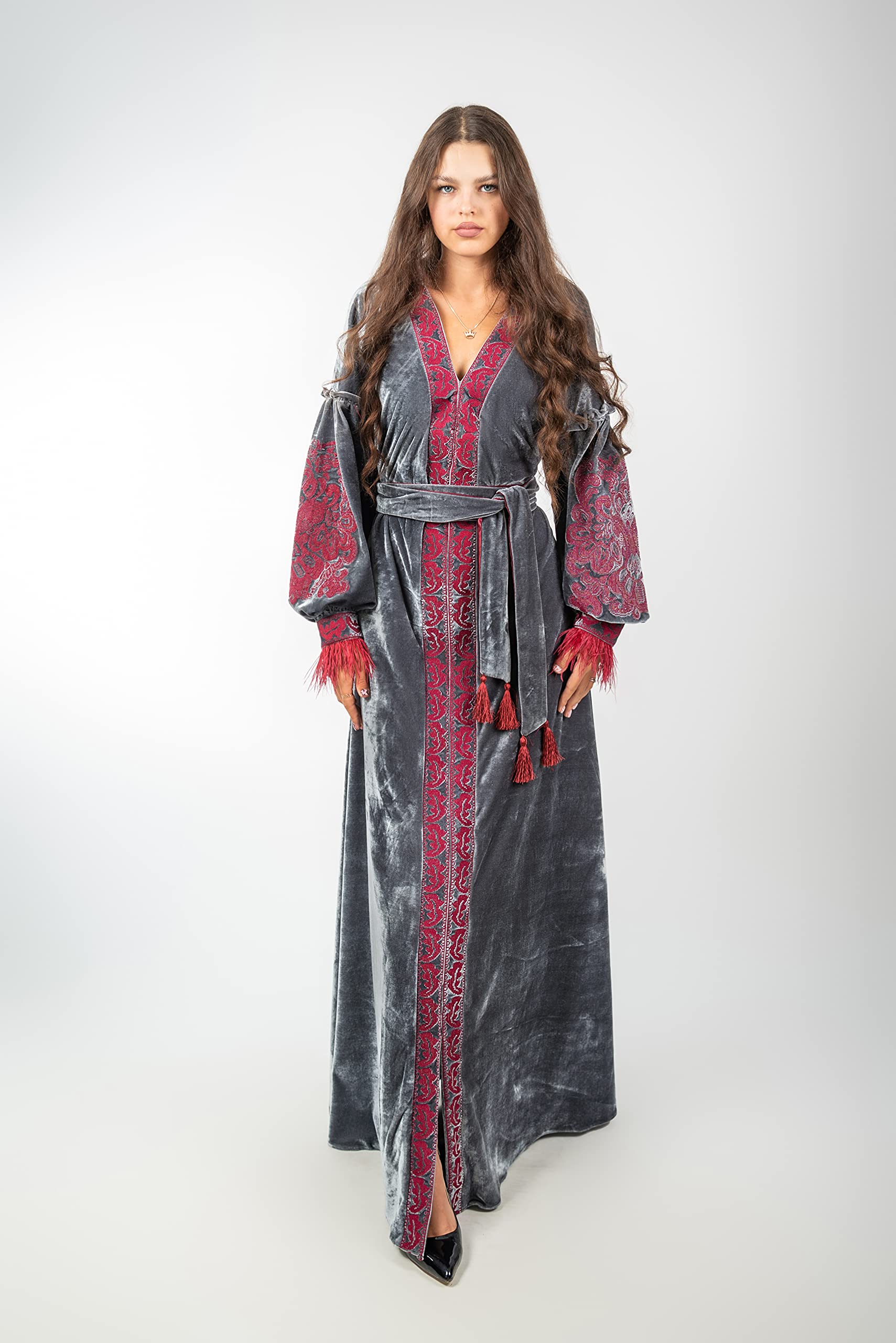 Elegant Velour Long Dress with Embroidery - Gray Bohemian Boho Chic Signature Long Sleeve Dress (Vyshyvanka Style) | Perfect for Weddings, Parties & Special Occasions