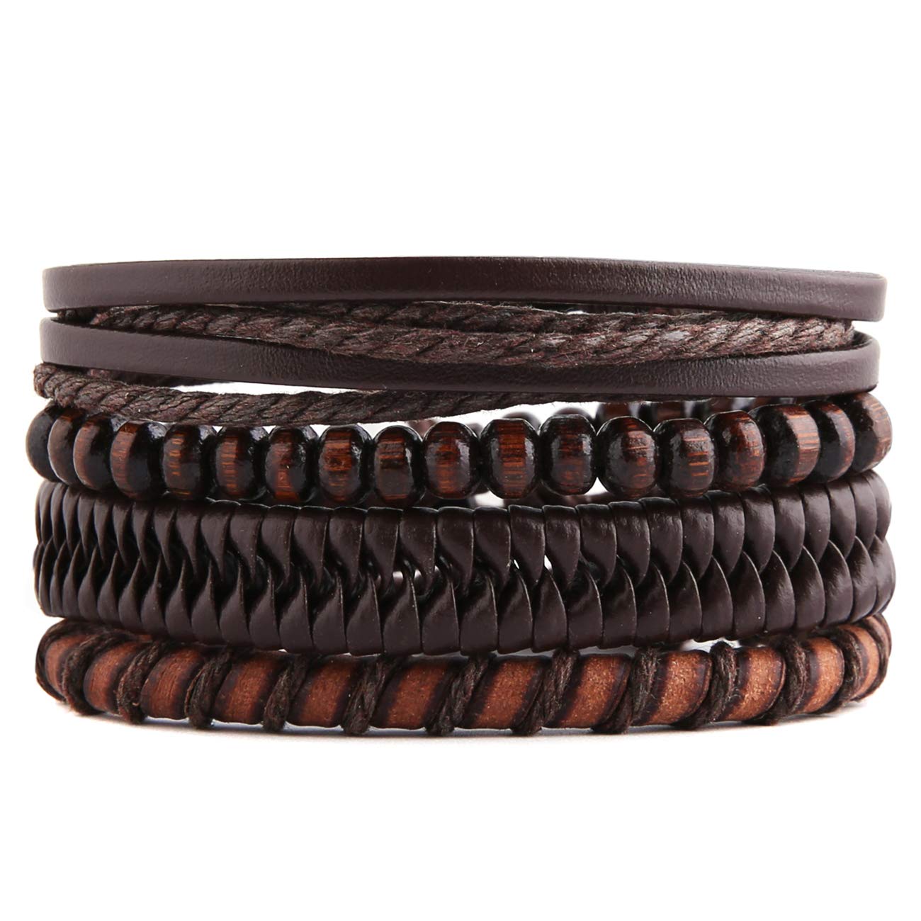 STWTR Mix 4 Wrap Bracelets for Men & Women - Handmade Hemp Cord & Wood Bead Ethnic Tribal Bracelets - Adjustable Leather Wristbands for Boho Style, Festival, Yoga & Everyday Wear