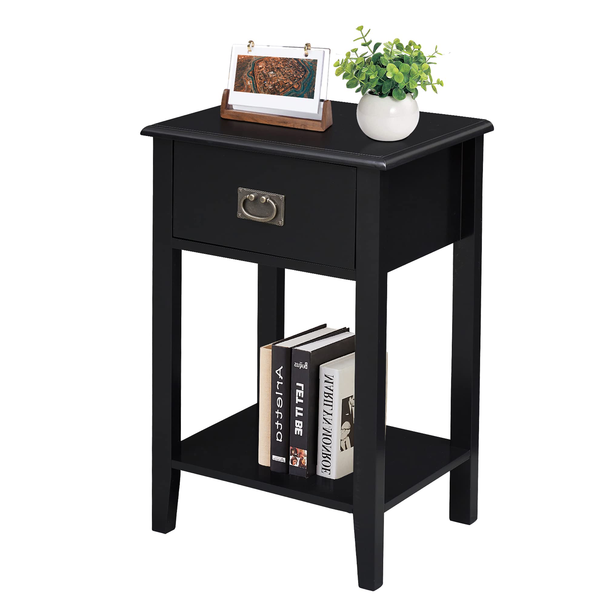 VECELO Vintage Nightstand with Solid Wood Legs & Drawer - Small Space End Table for Bedroom, Living Room | Perfect for Bedside Storage & Home Decor