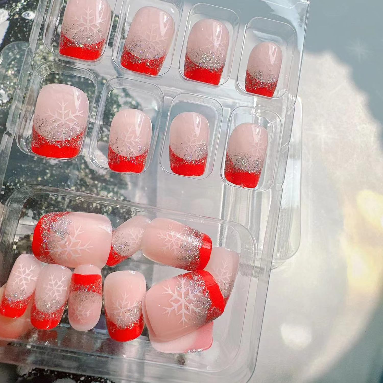 Christmas Press on Nails Short Square - French Glitter Snowflake Design, Red Glossy Sparkly Silver Xmas Fake Nails with White Snow Patterns | Full Cover Glue on False Nails for Women | Perfect for Holiday Parties, Gift Giving & Winter Nail Art