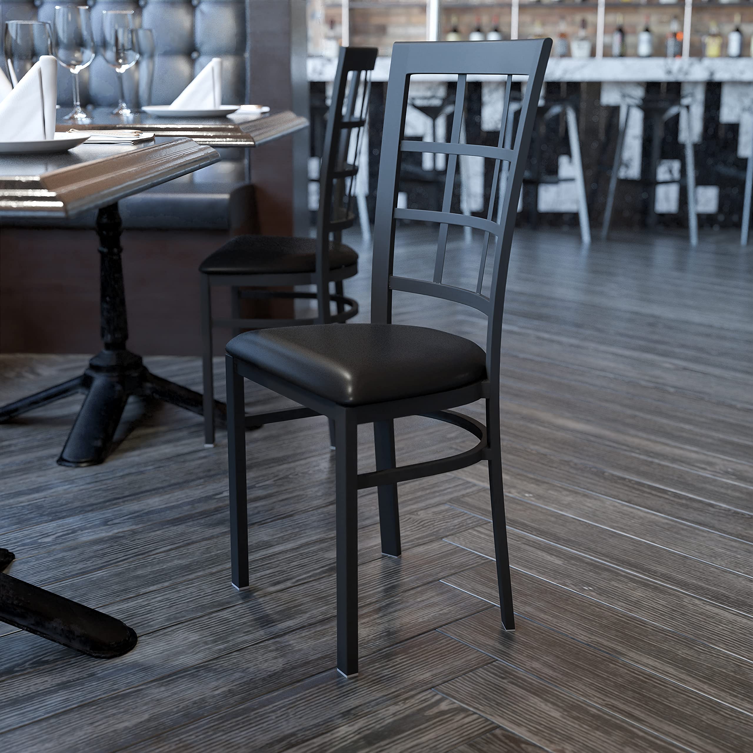 Black Window Back Metal Restaurant Chair - Heavy Duty Vinyl Seat for Cafes, Diners & Commercial Use