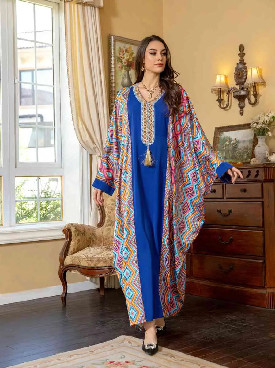 Elegant Eid Dress with Batwing Sleeves & Rhinestone Embellishments - Farasha Caftan Kaftan Jalabiya Dress for Women | Perfect for Eid Celebrations, Weddings & Special Occasions