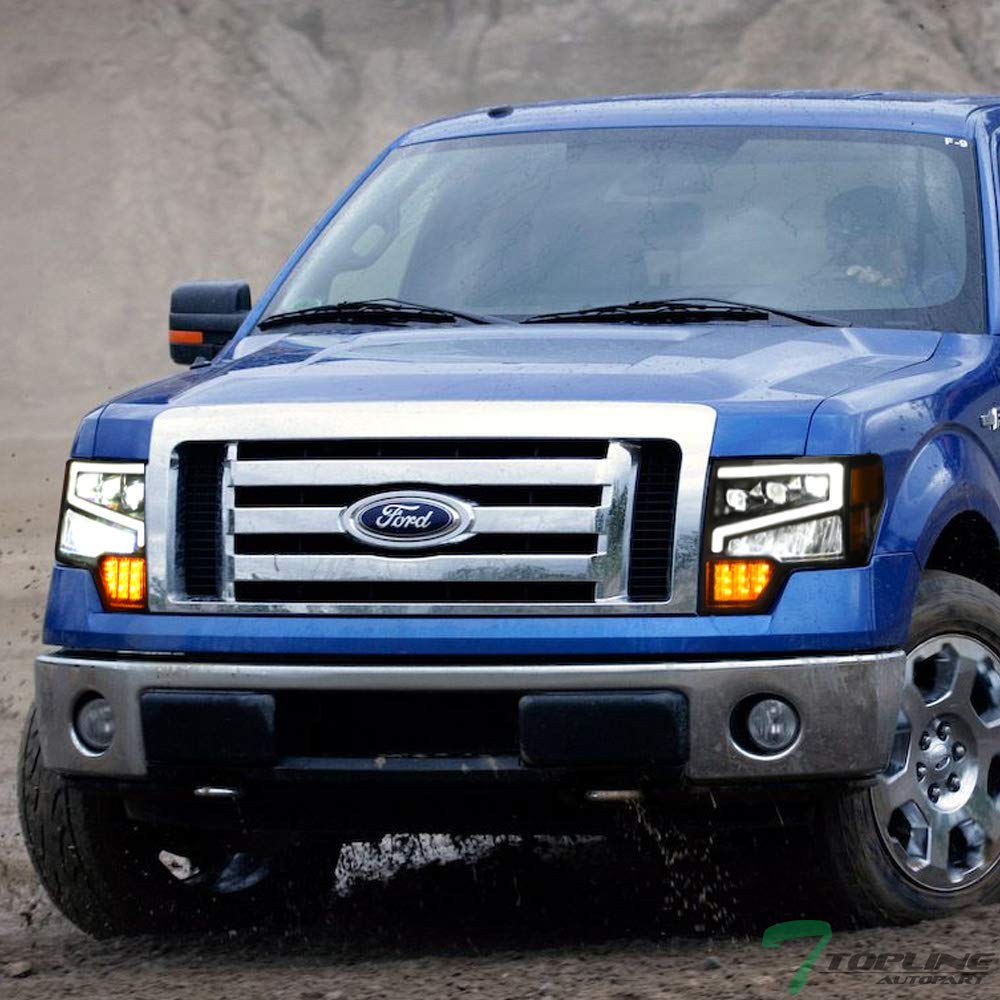 2009-2014 Ford F150 Black Housing Full LED Sequential Tri-Projector Headlights with Amber Reflector - Compatible Replacement Headlight Assembly for Improved Night Visibility - Perfect for Off-Roading, Night Driving & Truck Customization