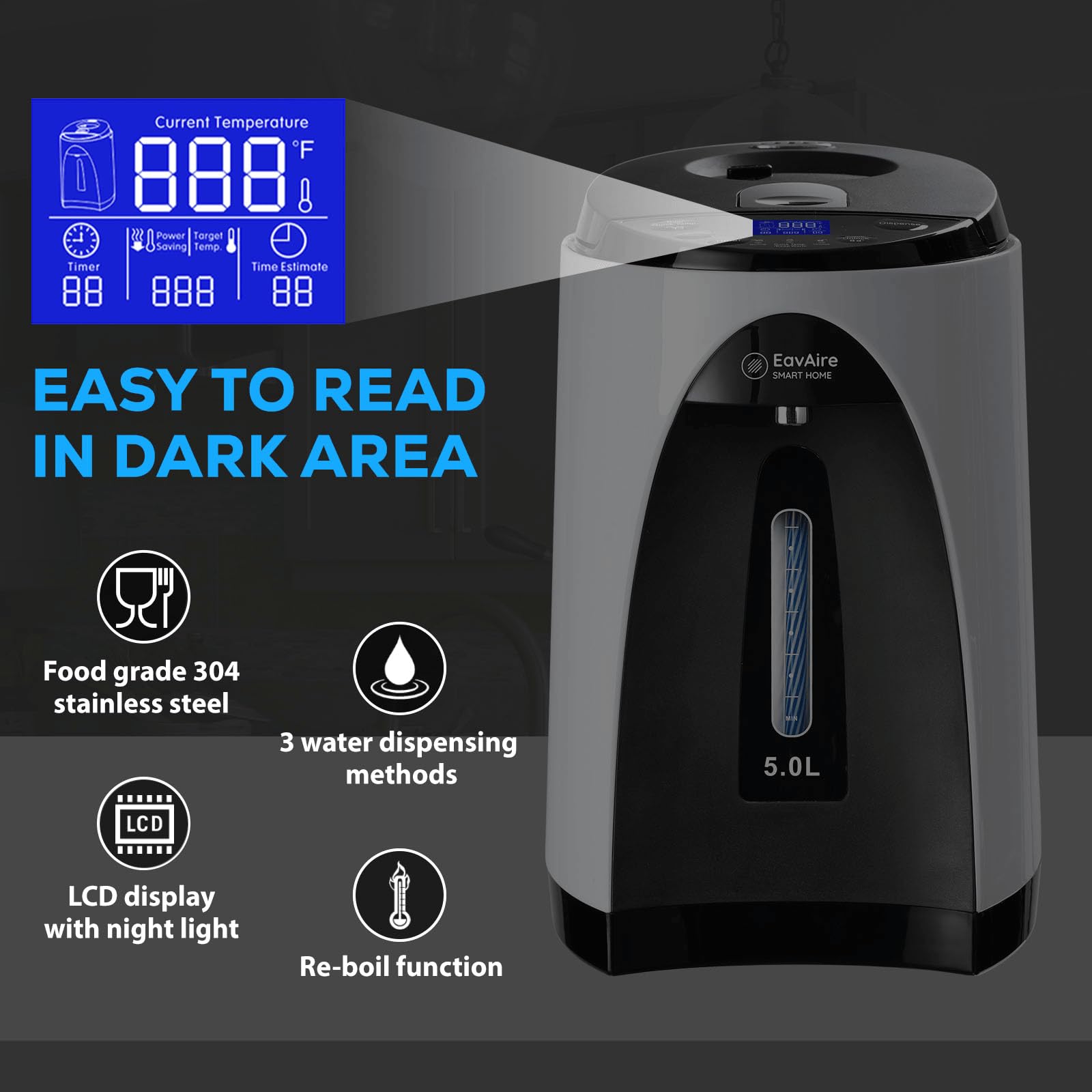 Electric Water Boiler Kettle with Temperature Display - 5L Capacity, Child-Safe Lock & Quick Boil Options - Perfect for Tea, Coffee & Shabbat Use in Home or Office