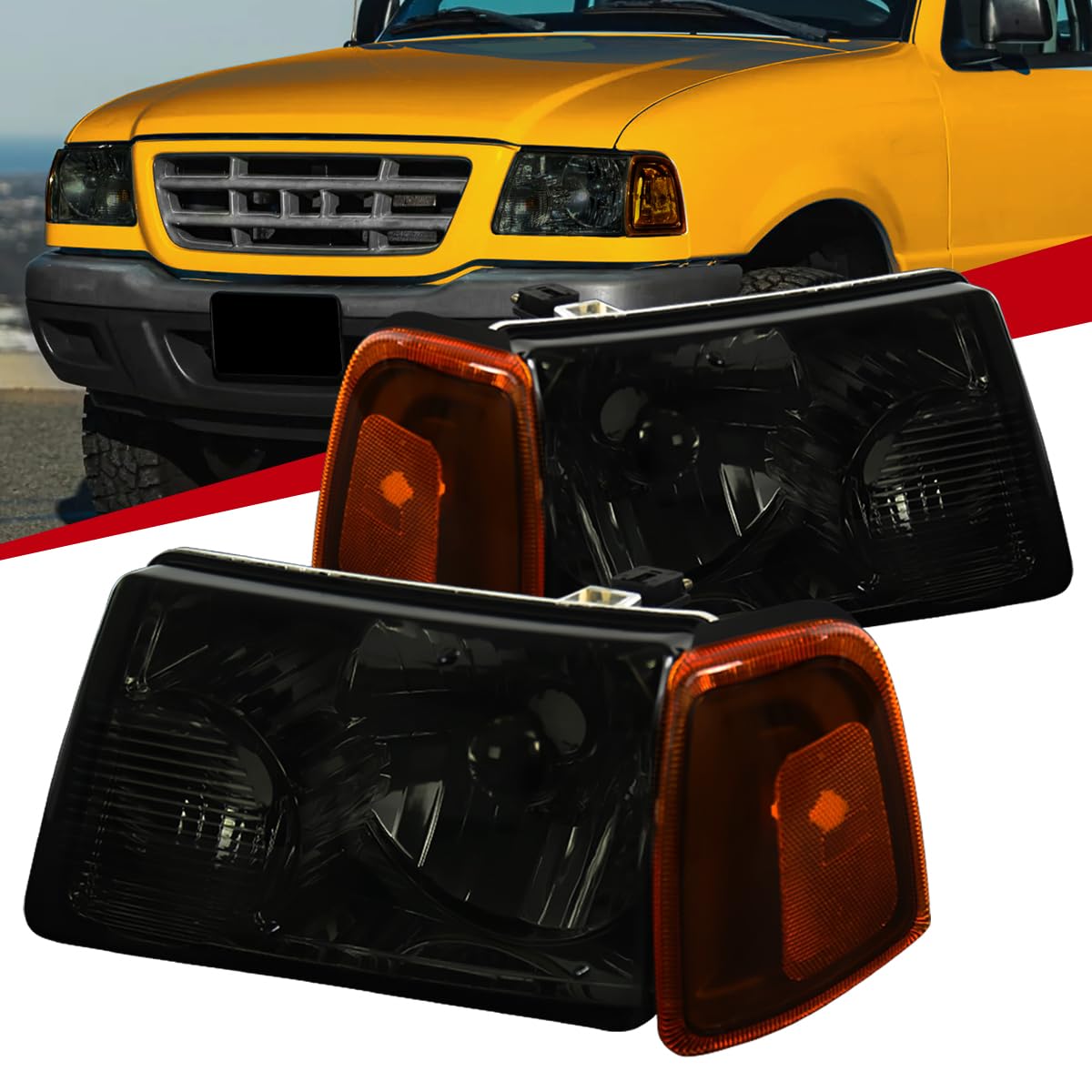 01-11 Ford Ranger Pickup Truck Smoke Headlight & Amber Corner Lamps Pair - Durable Replacement Headlights for Off-Road & Night Driving