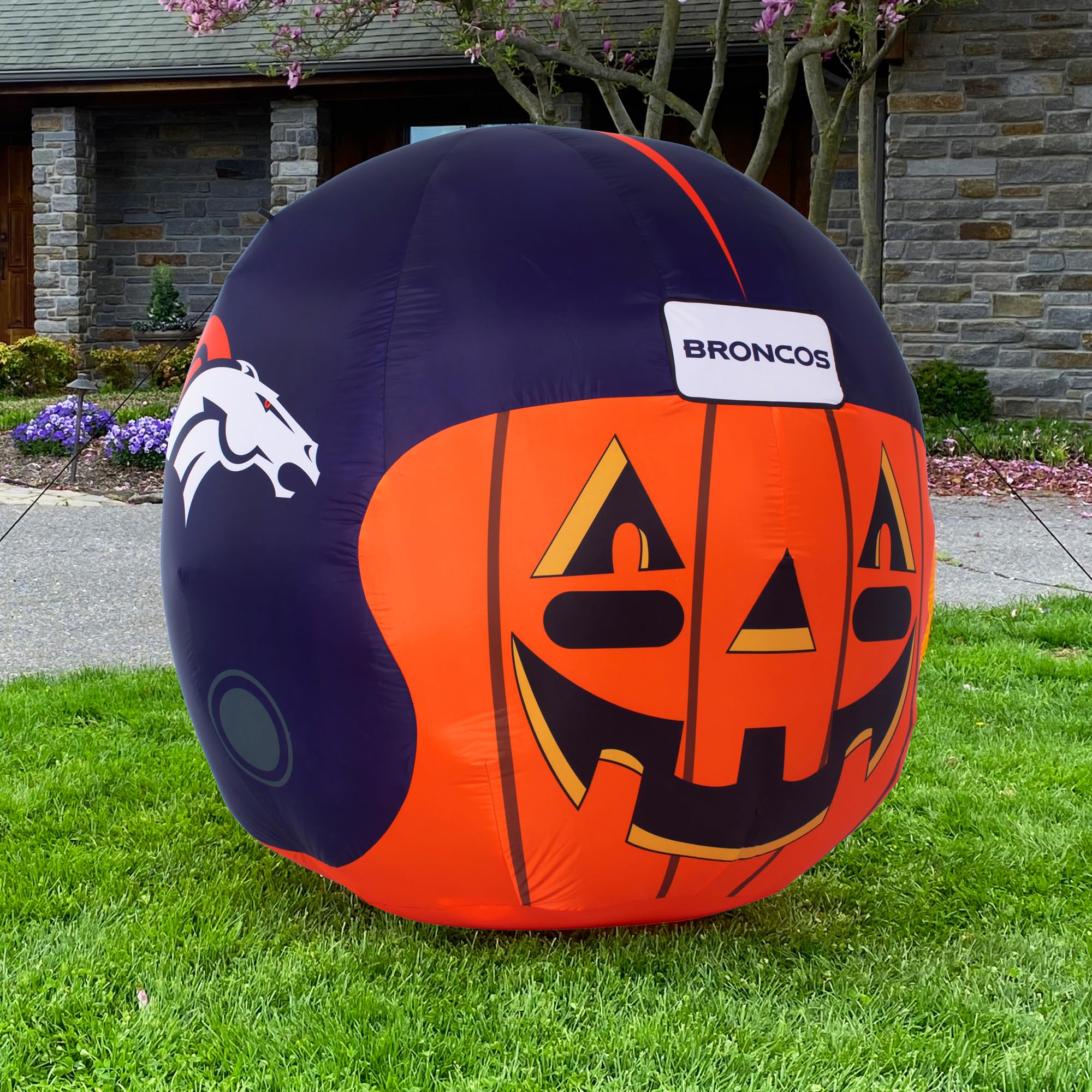 NFL Denver Broncos 4ft LED Light-Up Inflatable Jack-O’-Helmet with Built-in Blower - Halloween Yard Decoration for Lawn, Front Yard, Backyard & Football Party Decor
