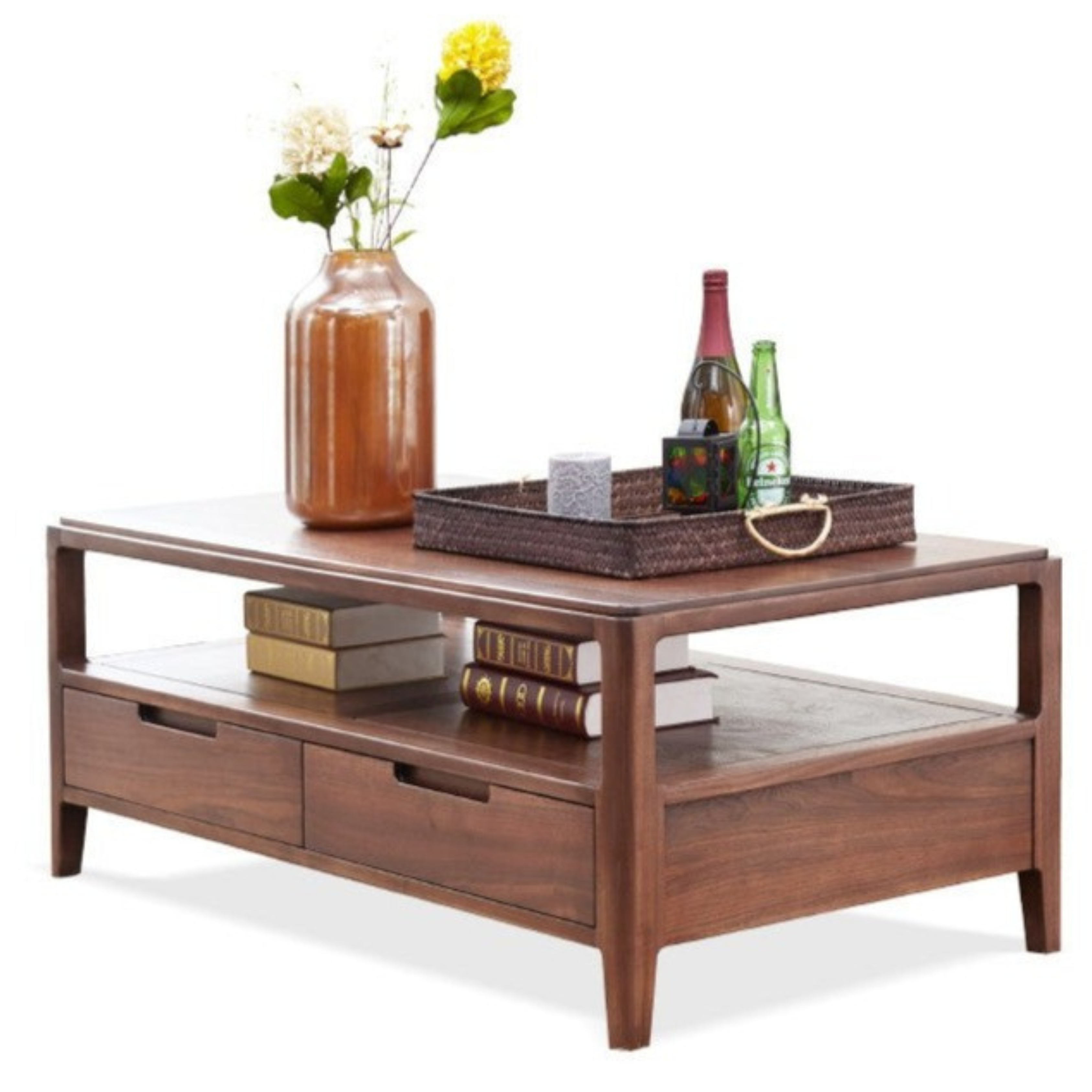 Solid Black Walnut Wood Coffee Table with 4 Drawers - Rustic Modern Living Room Furniture for Home Decor