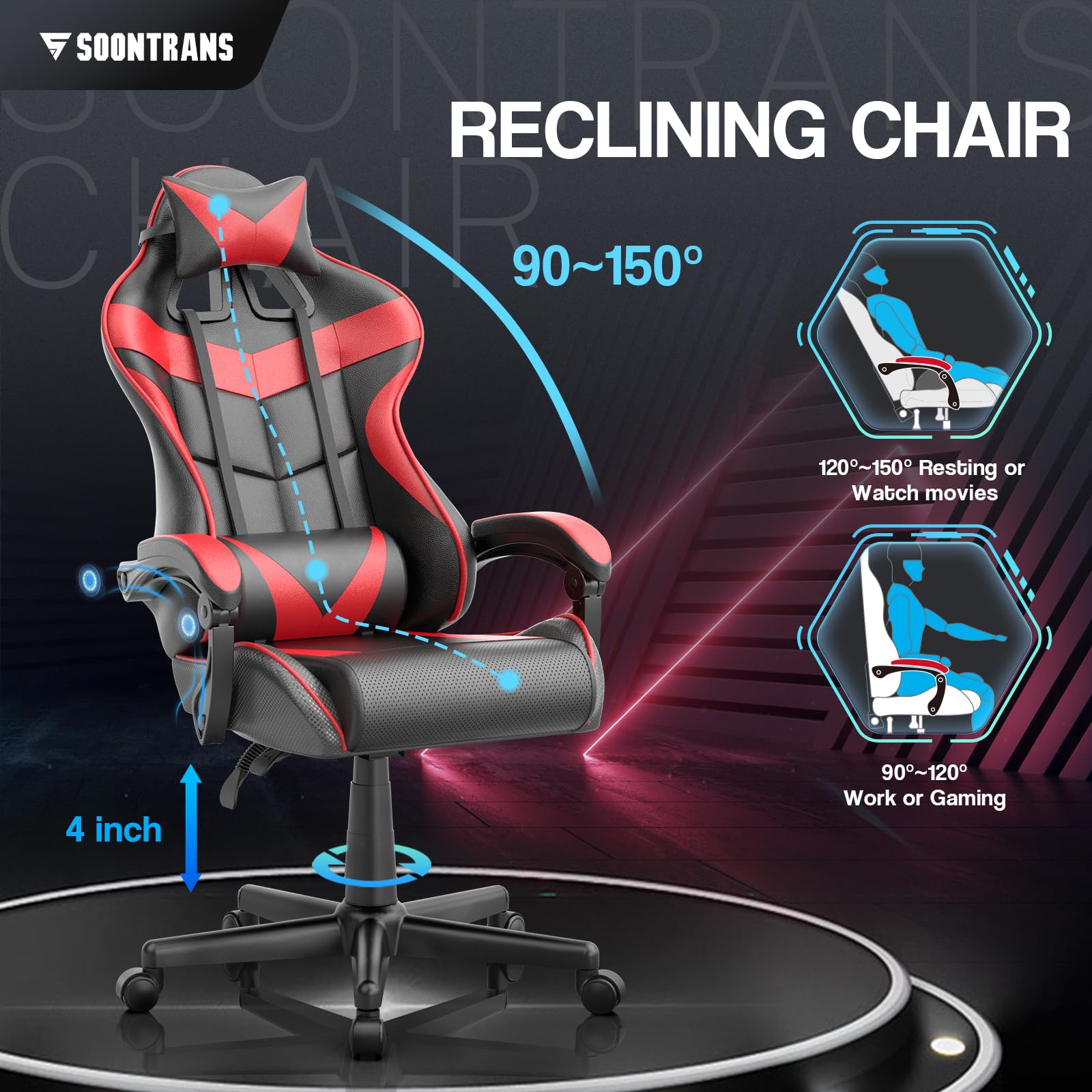 Soontrans Ergonomic Gaming Chair with Massage Lumbar Support & Headrest - Adjustable Height High-Back Computer Desk Chair with Linkage Armrests (Ruby Red) - Perfect for Esports, Streaming & Home Office Setup