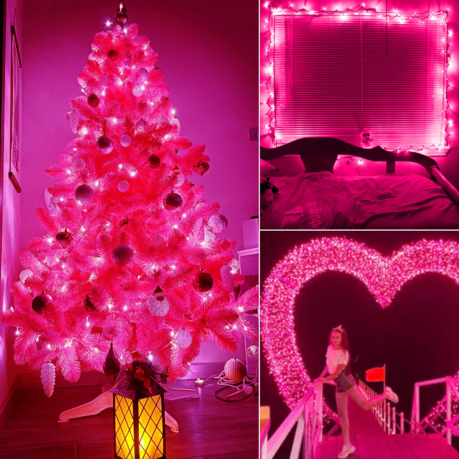 Christmas Pink Mini String Lights - 100 LED Fairy Lights 25ft Waterproof for Indoor Outdoor Decor, Xmas Tree, Party, Patio, Valentine's Day, Wedding & Home Decoration - White Wire - Plug in Lights for Cozy Ambiance