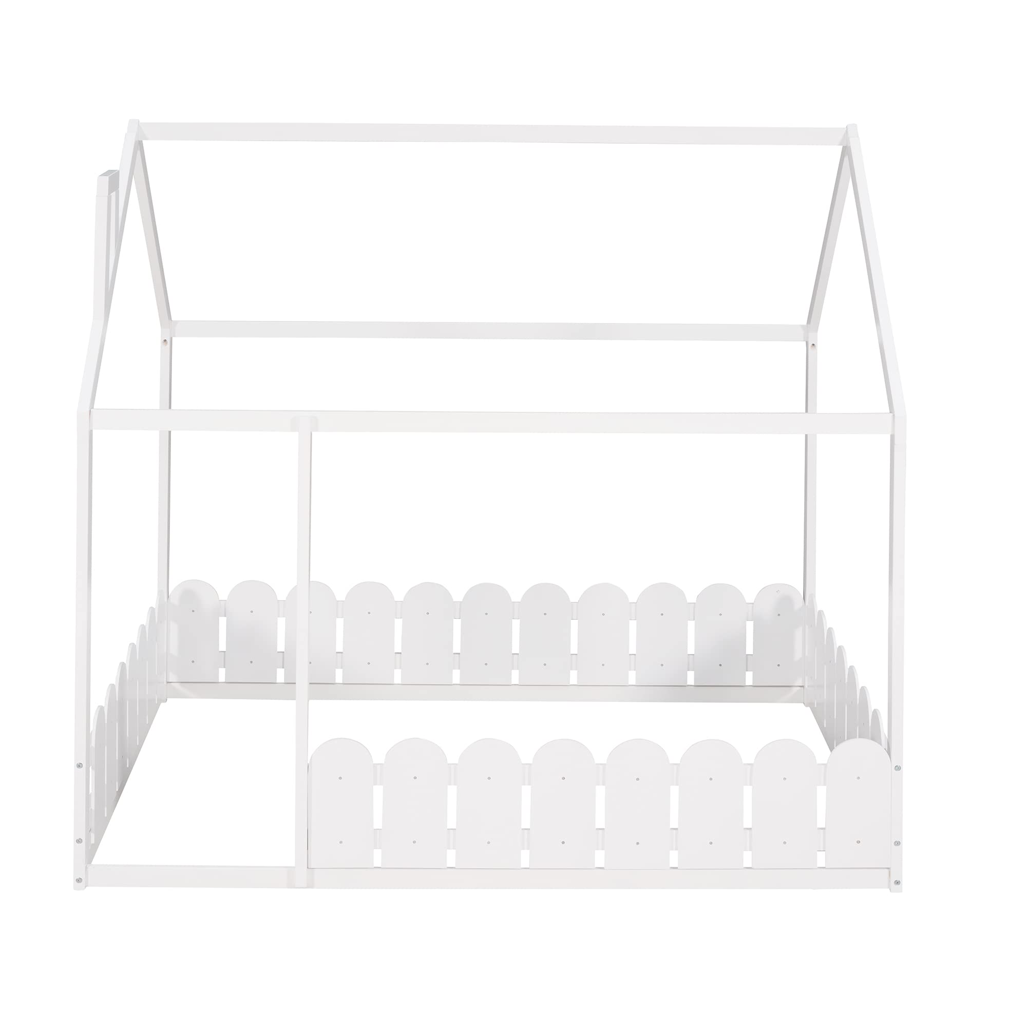 LZ LEISURE ZONE Full Size Wooden House Bed Frame with Roof & Fence - White - Kids Playhouse Bed for Bedroom, Nursery or Playroom Decor