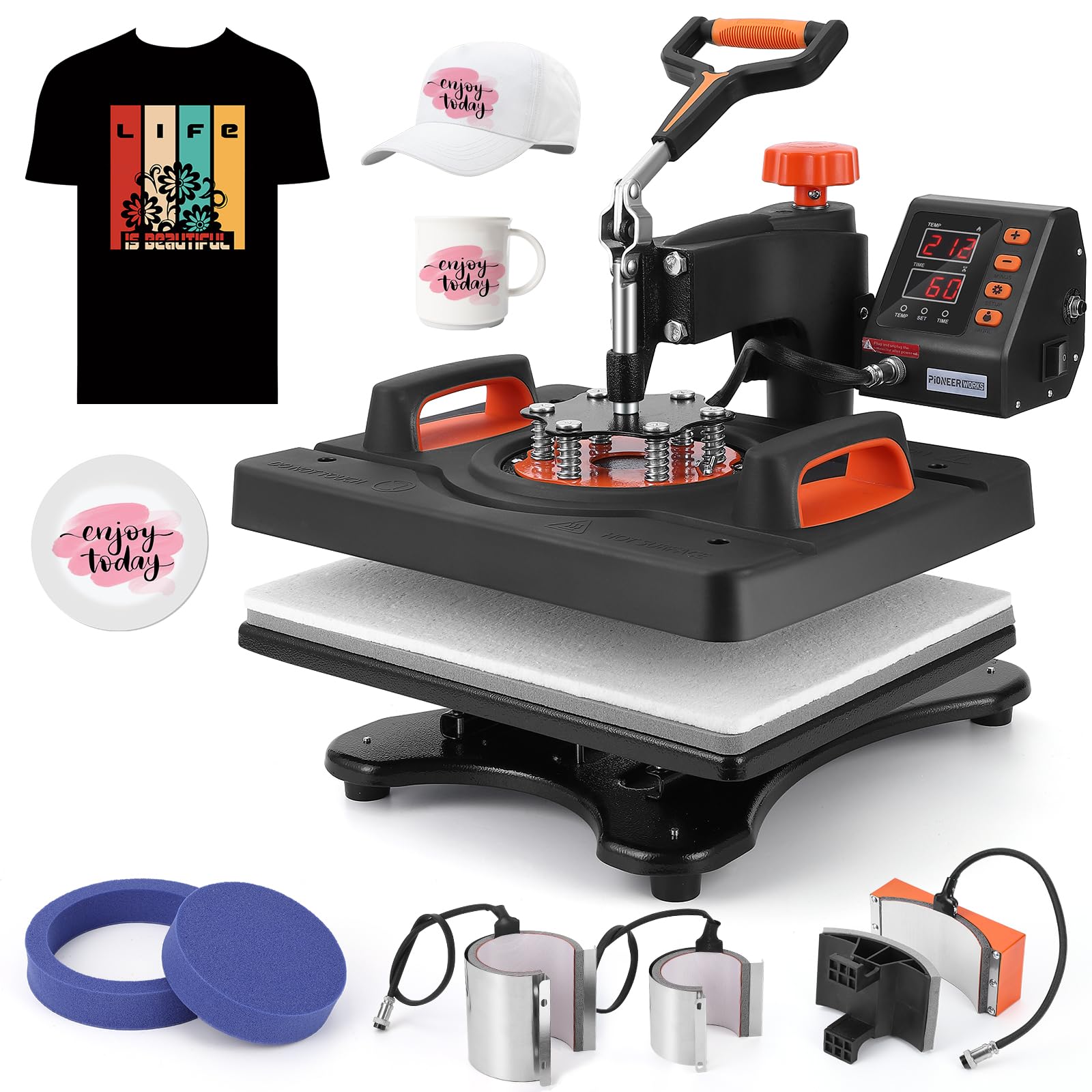 PIONEERWORKS 6-in-1 Heat Press Machine 12x15 Inch 800W Sublimation Printer with 360° Rotation & Swing-Away Design for T-Shirts, Hats, Mugs - Perfect for DIY Crafts, Small Business & Home Use