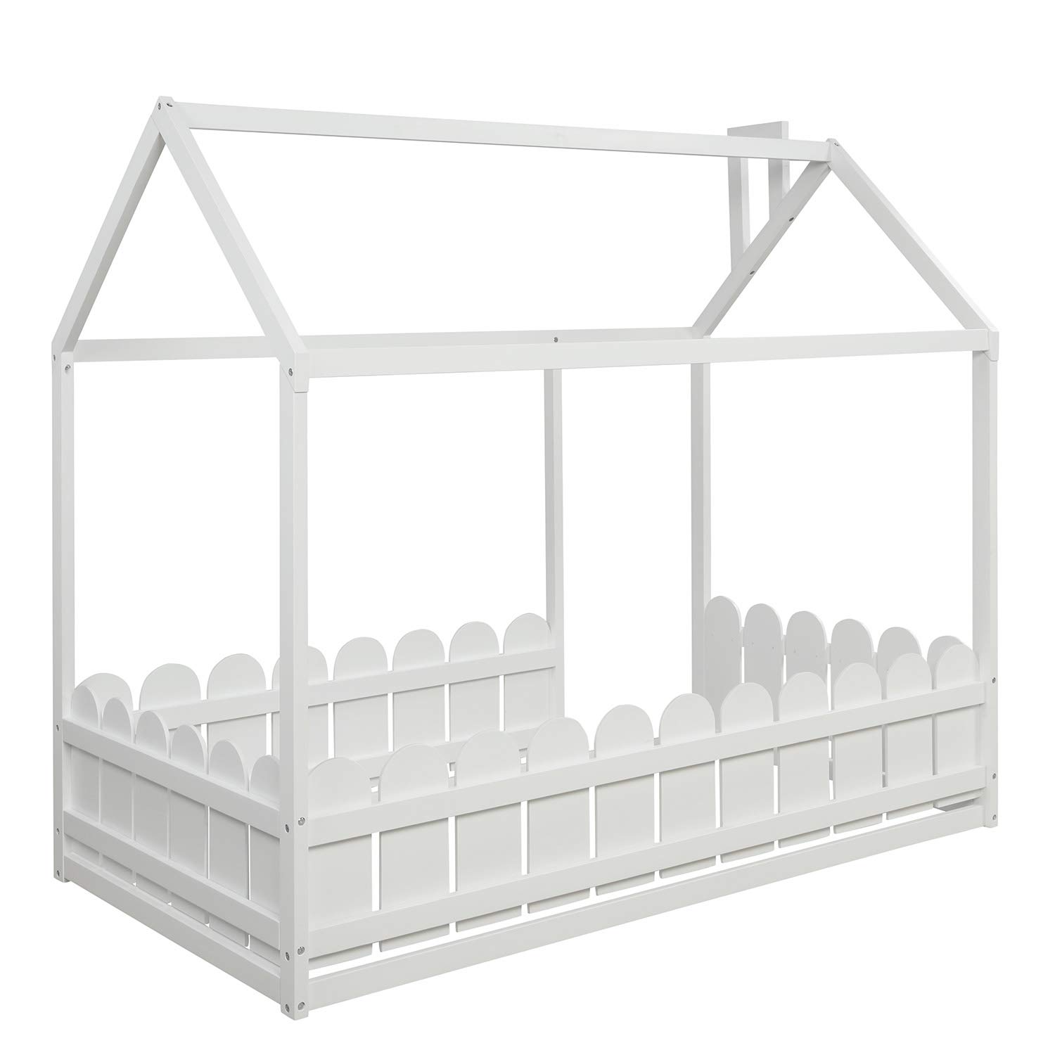 **Wooden Twin Bed Frame for Kids - House-Shaped Cabin Bed with Tent, Floor Bed for Boys & Girls, White - Perfect for Bedrooms, Playrooms & Sleepovers**