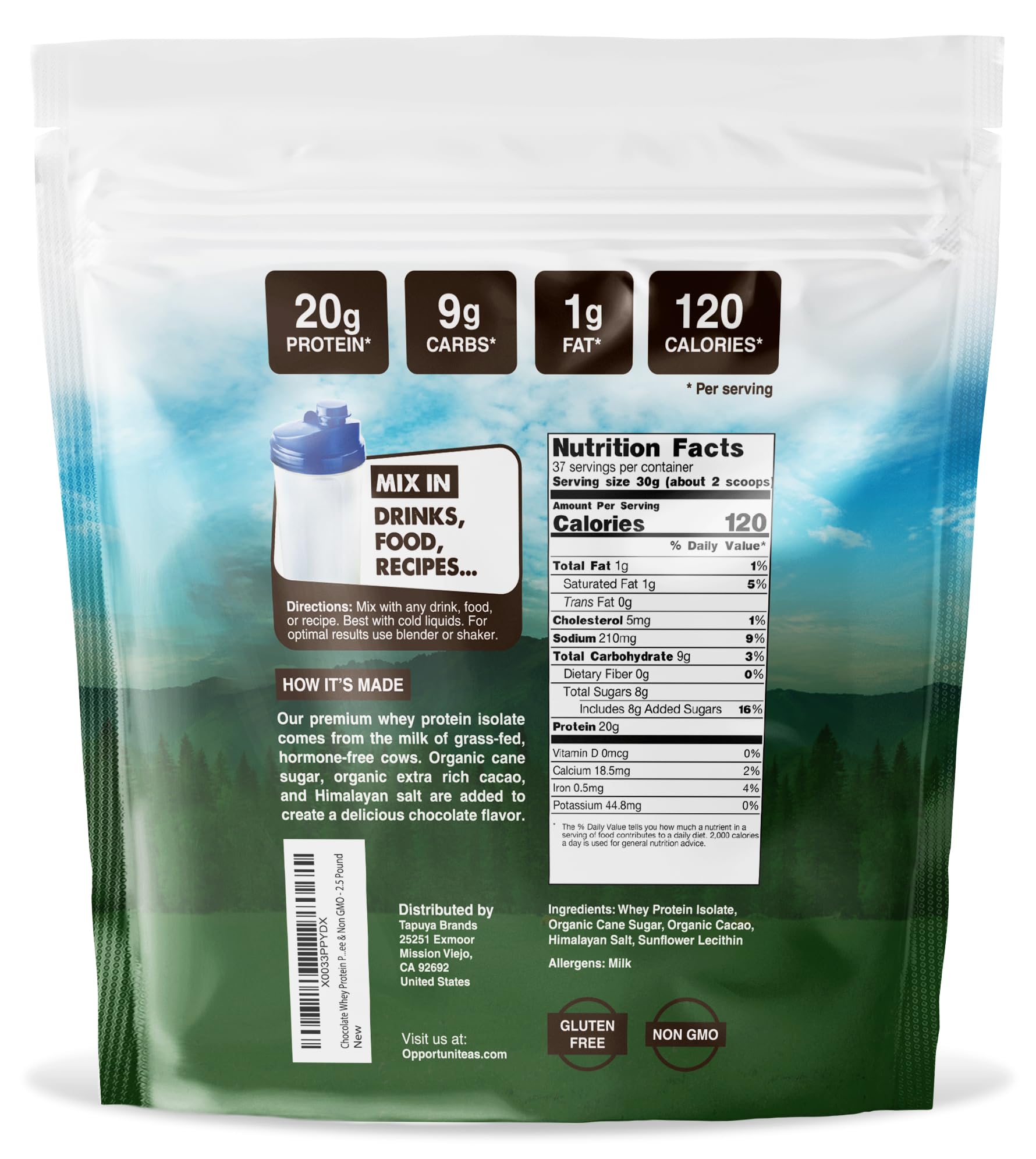 Grass Fed Chocolate Whey Protein Isolate Powder - 20g Protein per Serving, No Artificial Sweeteners, Hormone-Free, Non-GMO, 2.5lb for Post-Workout Recovery & Muscle Building