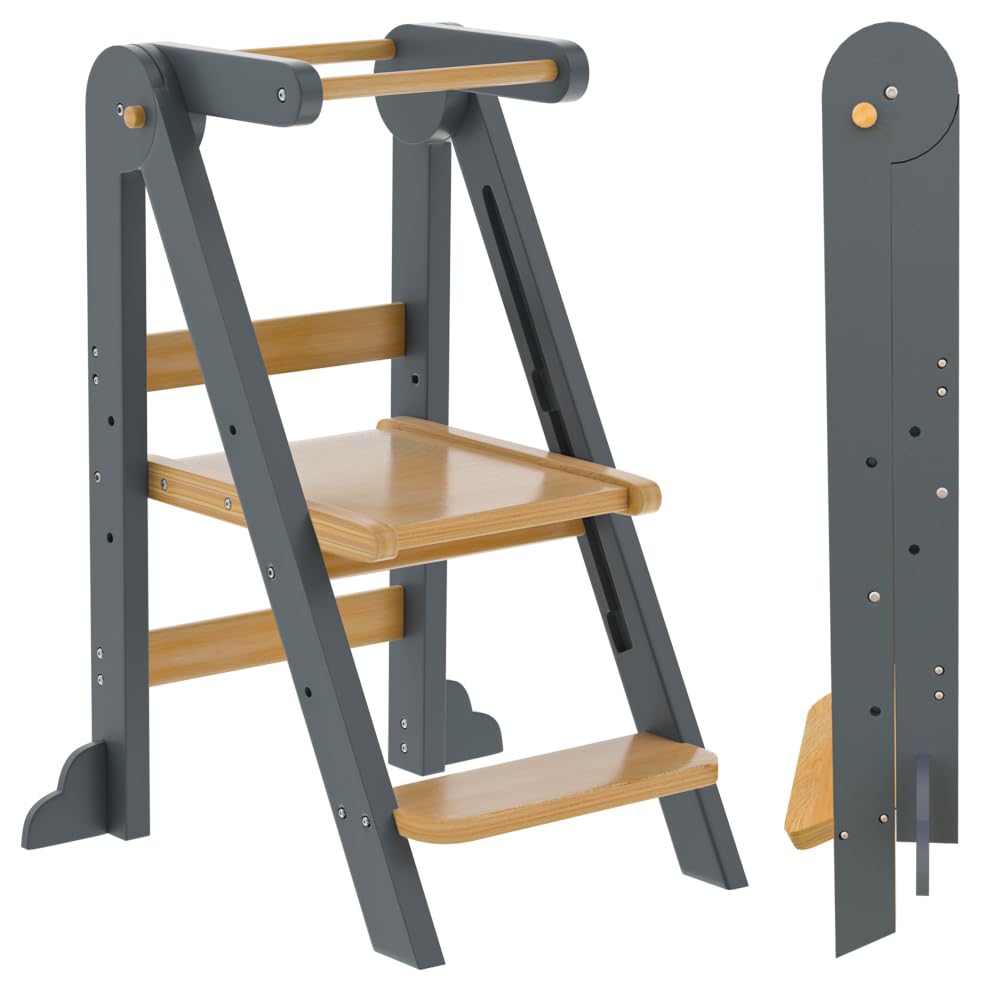 Foldable Toddler Learning Tower - Adjustable Height Step Stool with Safety Rails & Anti-Tip Design for Kitchen Helper | Perfect for Baking, Cooking & Playtime Activities for Toddlers & Kids