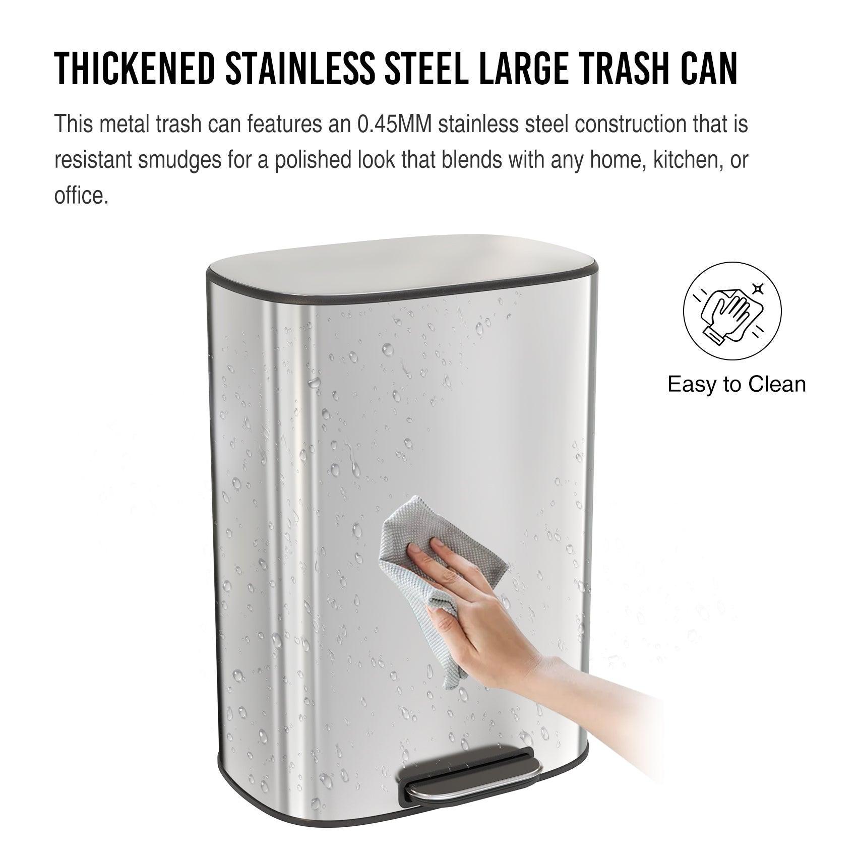 13 Gallon 50L Stainless Steel Step Trash Can with Soft Close Lid - Hands-Free Foot Pedal Kitchen Garbage Bin for Home, Office & Restaurant Use