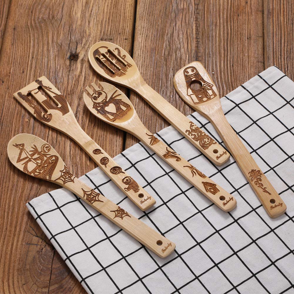 Nightmare Before Christmas Wooden Spoons Set - Burned Bamboo Kitchen Utensils for Cooking, Halloween Decor, and Housewarming Gifts - Perfect for Spooky Kitchen Decorations and Themed Dinner Parties