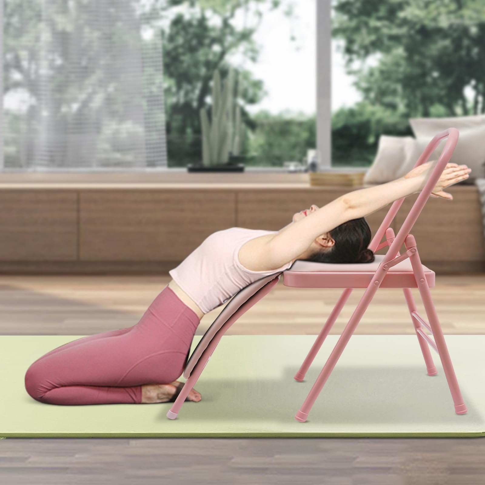 Foldable Yoga Chair with Lumbar Support - Pink Exercise Stretching Chair for Balance Training, Handstand Practice, Flexibility & Strength Workouts - Ideal for Yoga Studios, Home Gym & Back Pain Relief