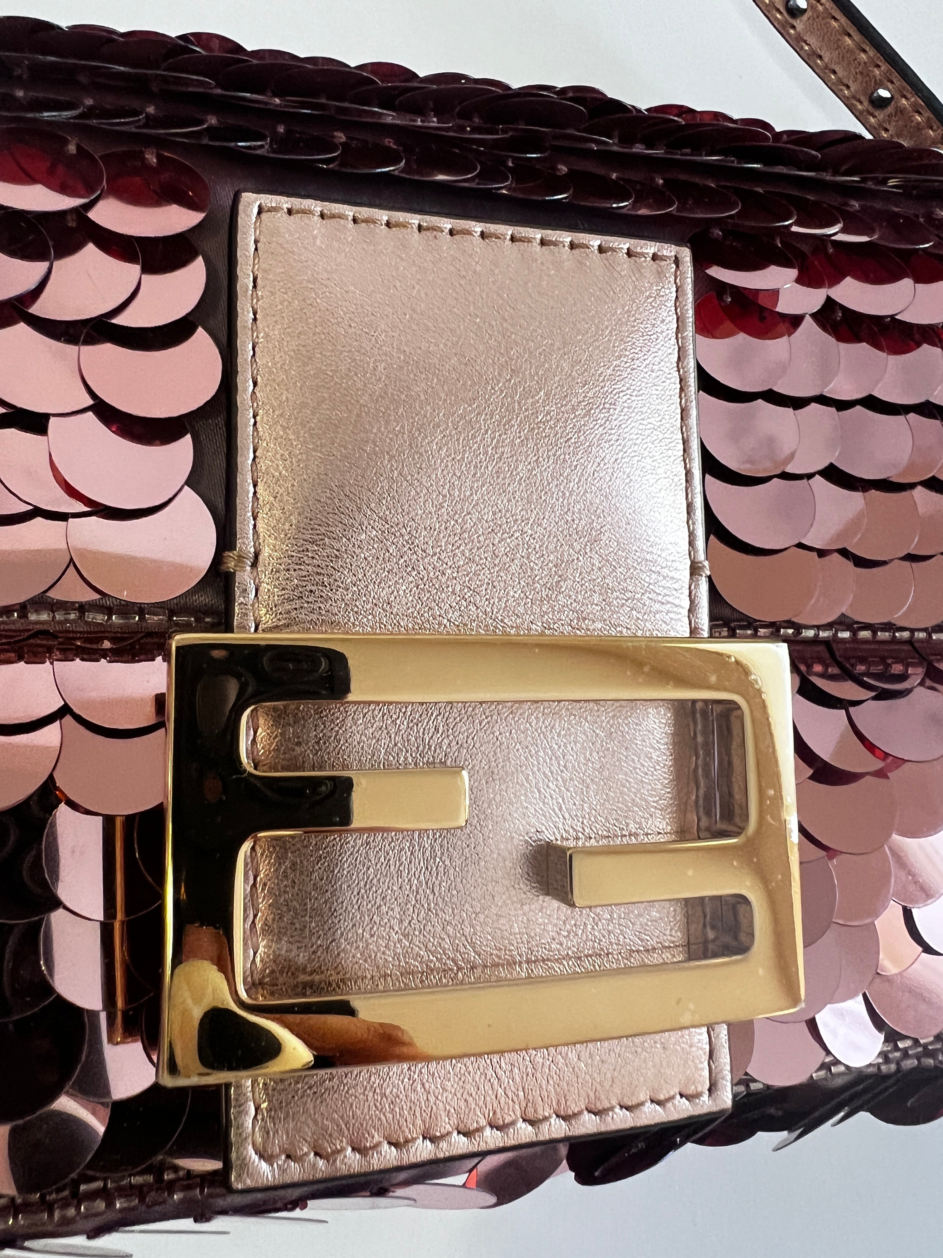 Fendi Rose Gold Sequin Mini Baguette Bag - Luxury Designer Crossbody Purse for Women | Perfect for Parties, Weddings & Evening Events