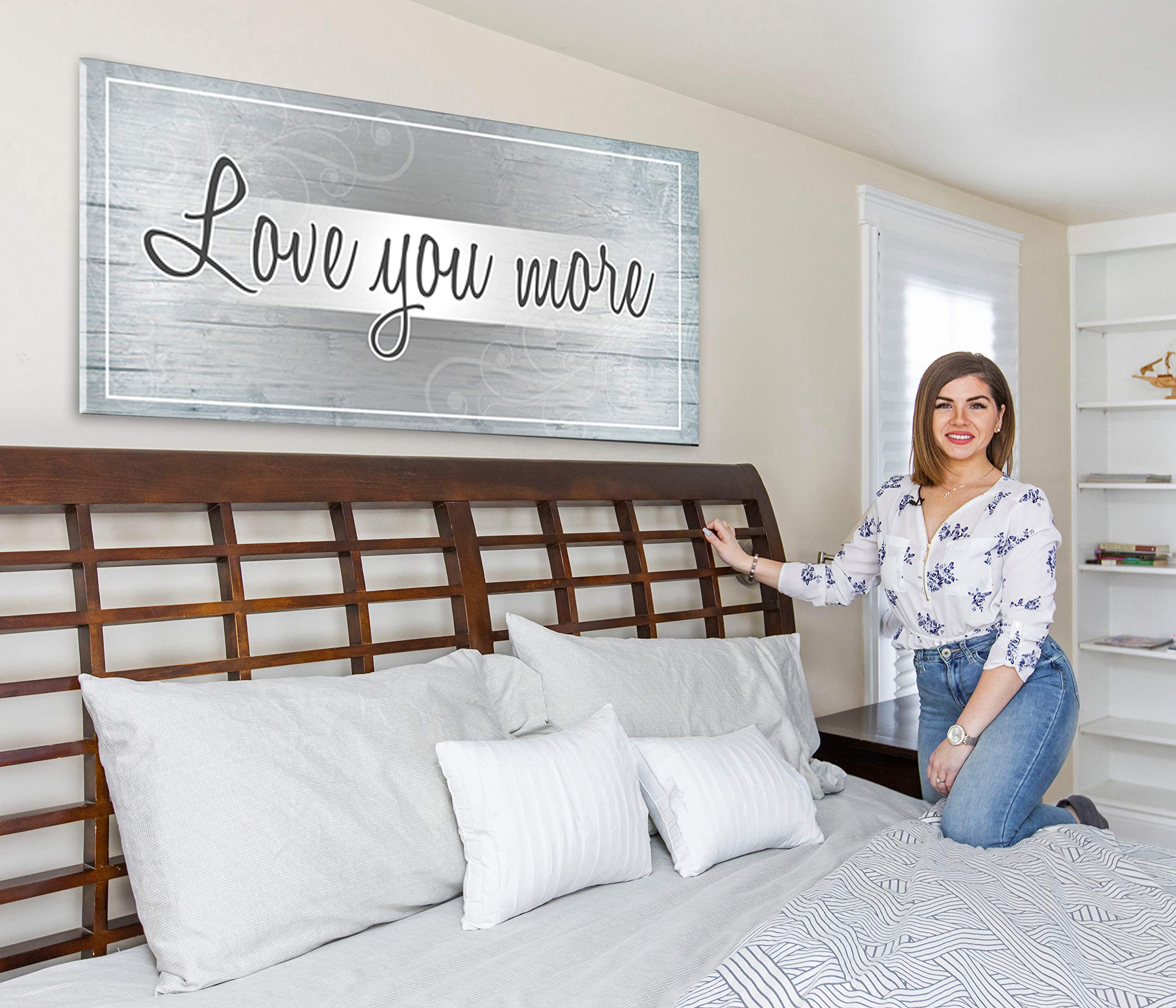 Love You More Wall Decor - Romantic Bedroom Sign for Couples, Large 60x27 Inch Grey Love Sign, Above Bed Wall Art for Master Bedroom | Perfect for Valentine's Gift, Anniversary Present & Couple's Home Decor