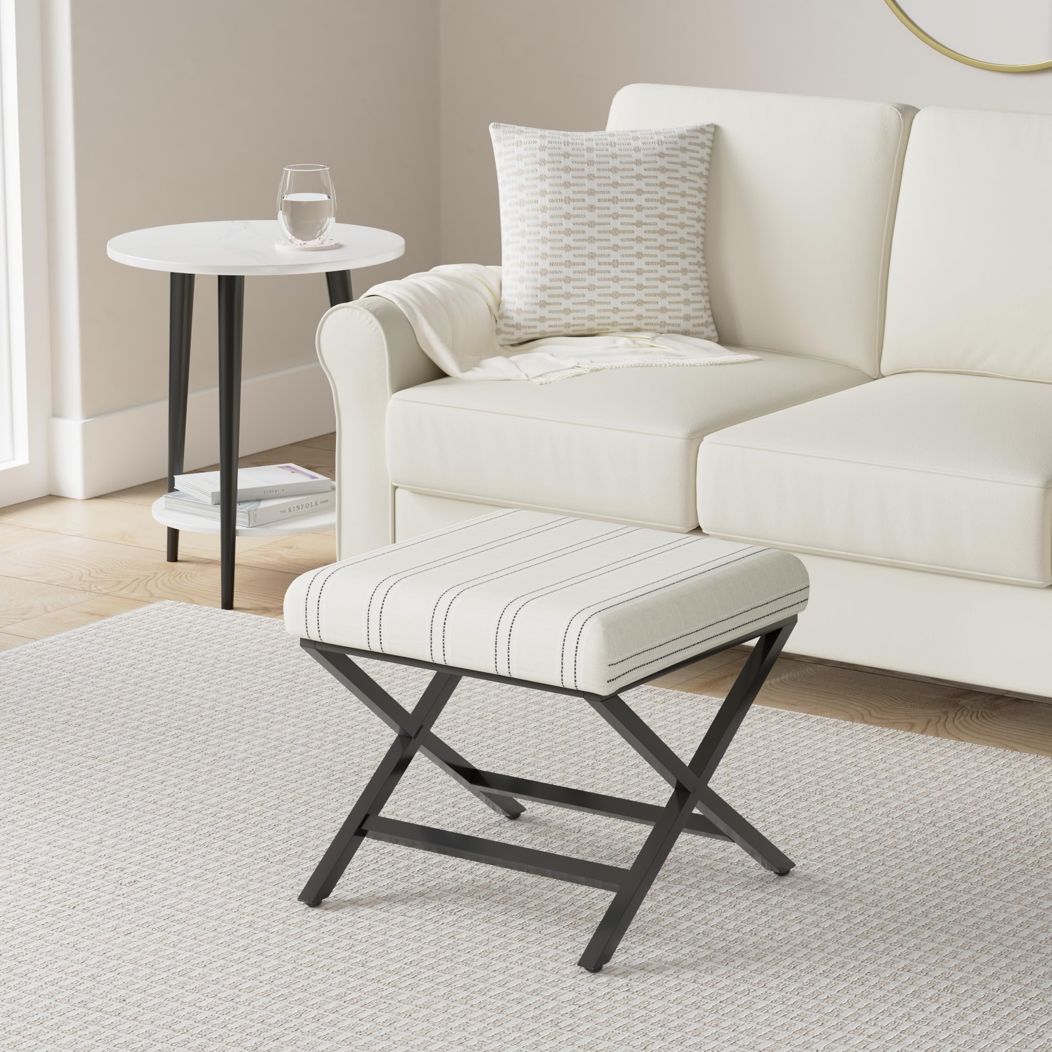 Modern Square Ottoman with Metal X Base - Stylish Home Decor for Living Room & Bedroom - Black and White Stripe Storage Bench - Perfect for Extra Seating, Footrest or Coffee Table Alternative