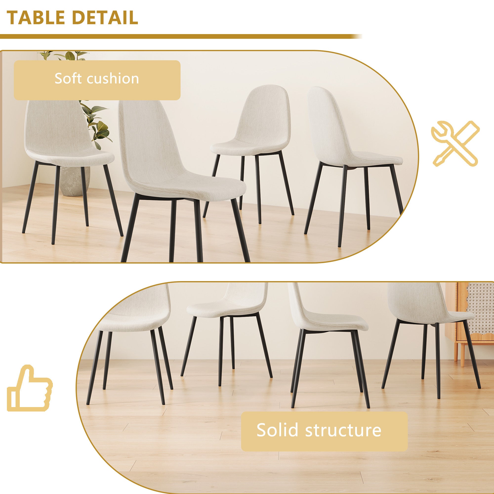 4-Piece Modern Dining Chairs Set - Linen Padded Seats with Sturdy Black Metal Legs (Beige) - Perfect for Kitchen, Dining Room, Home & Office Use