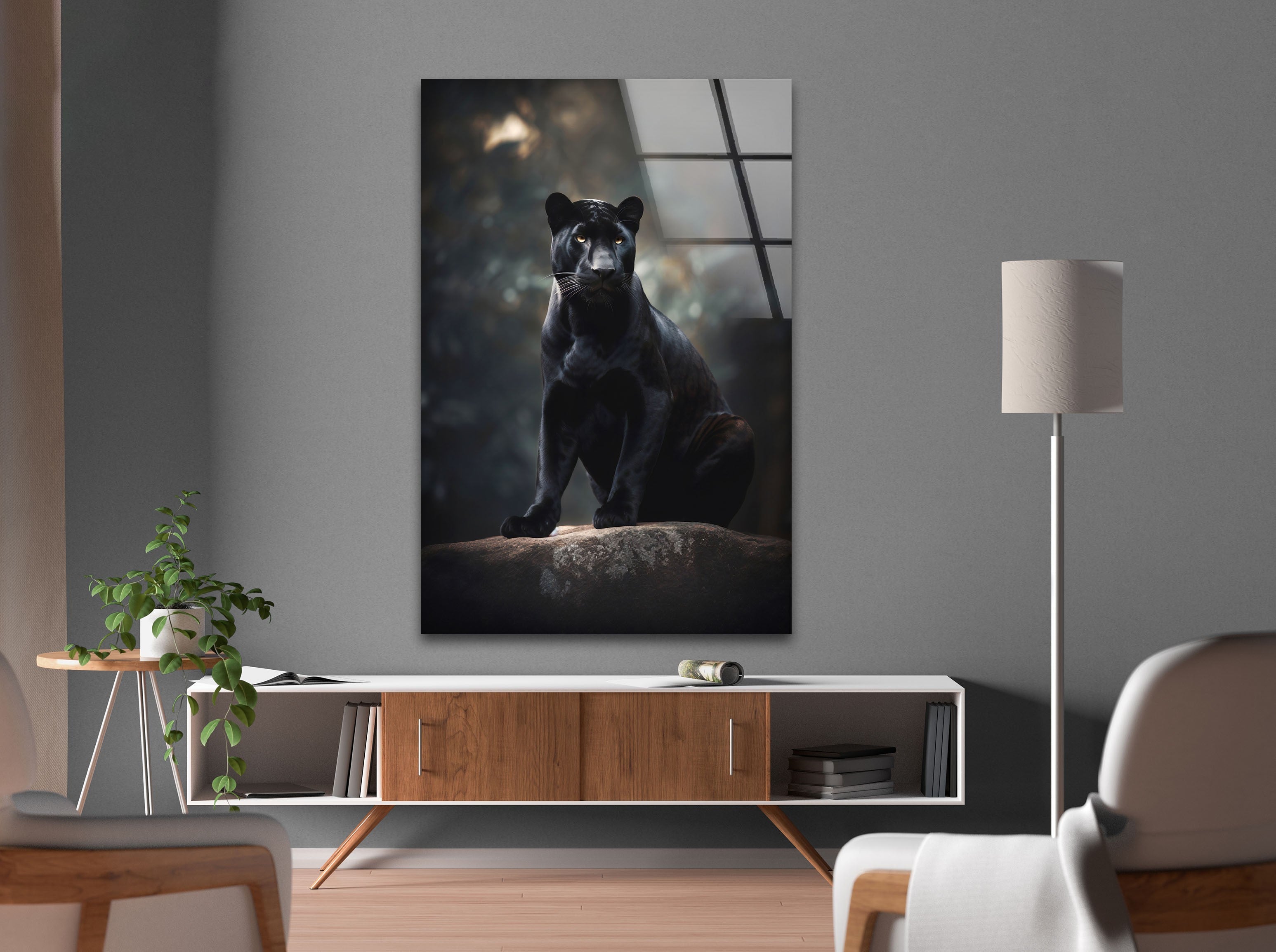 Black Puma Cool Glass Wall Art - Modern Home Decor for Living Room, Bedroom & Office - Unique Animal Themed Stained Glass Panel Artwork