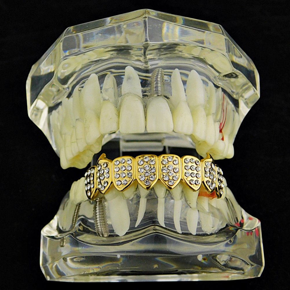 14K Gold Plated Fang Grillz - 8 Bottom Teeth Vampire Grills for Hip Hop & Halloween Costume | Perfect for Rappers, Parties & Unique Style