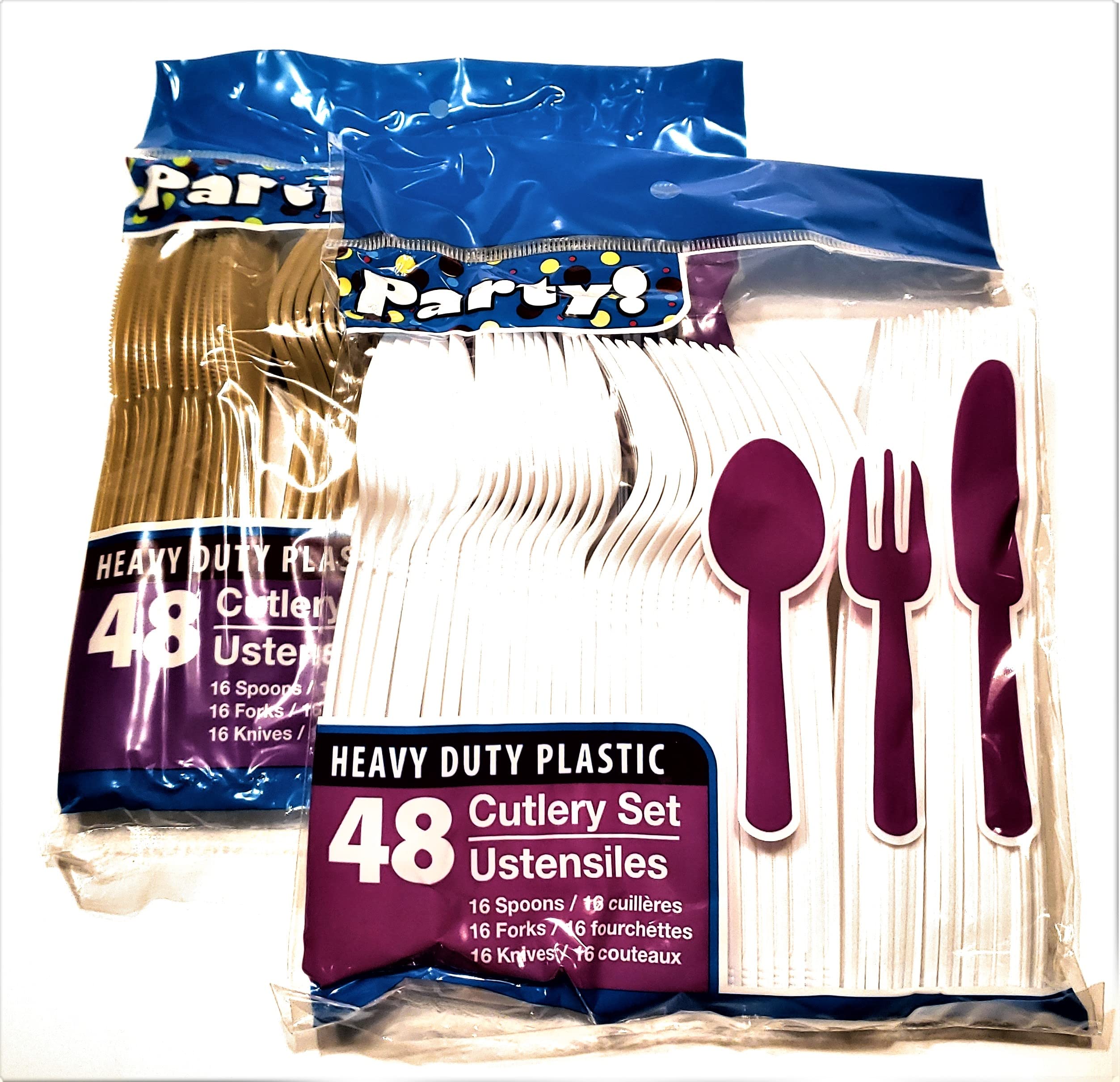 1 OM Gold & White Disposable Plastic Cutlery Set - 96 Piece Party Silverware (32 Spoons, 32 Forks, 32 Knives) - 2 Packs of 48 - BPA-Free for Weddings, Birthdays & Catering Events - Bulk Disposable Utensils for Home & Office Use