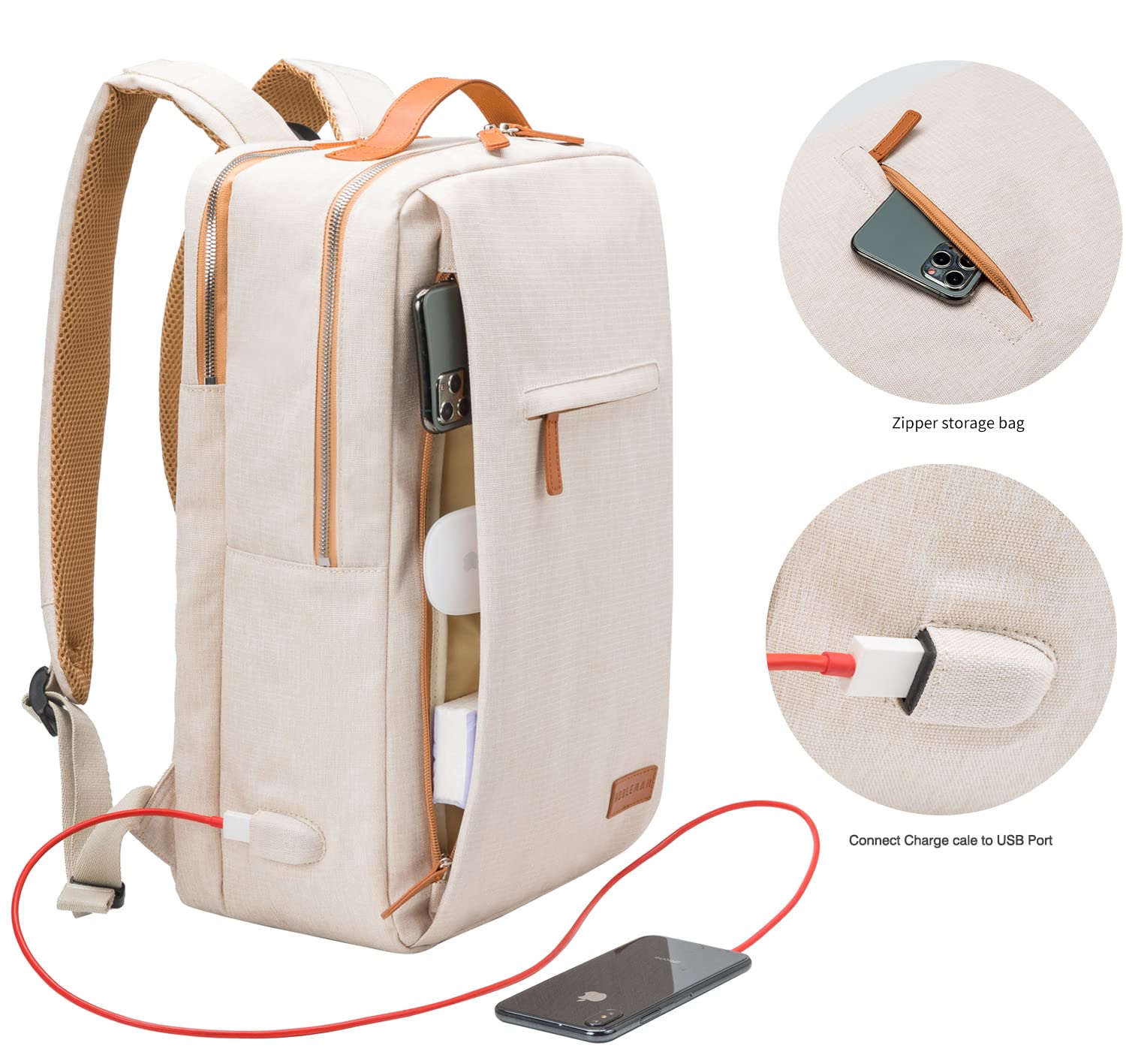 NOBLEMAN Men's Waterproof Travel Backpack - 15.6 Inch Laptop Backpack with USB Charging Port, Lightweight Daypack for Work, School & Outdoor Adventures (Beige) | Perfect for Business Travel, College & Daily Commute