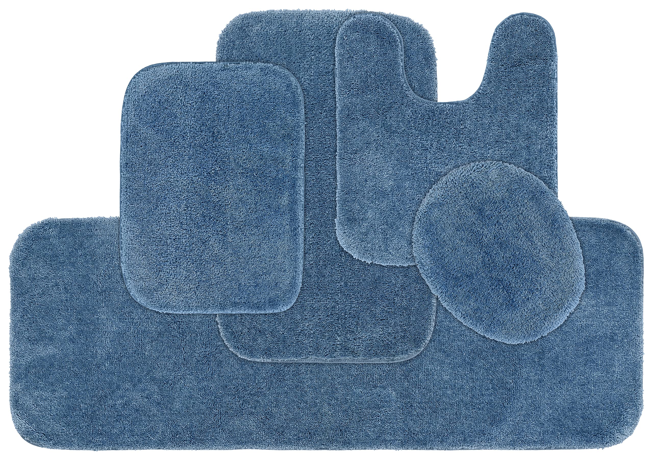 Garland Rug Traditional Nylon Washable Basin Blue 5-Piece Bathroom Set - Includes Lid, Contour Mat & 3 Soft Absorbent Bath Rugs | Stylish Non-Slip Bath Mat for Shower, Tub & Vanity Area