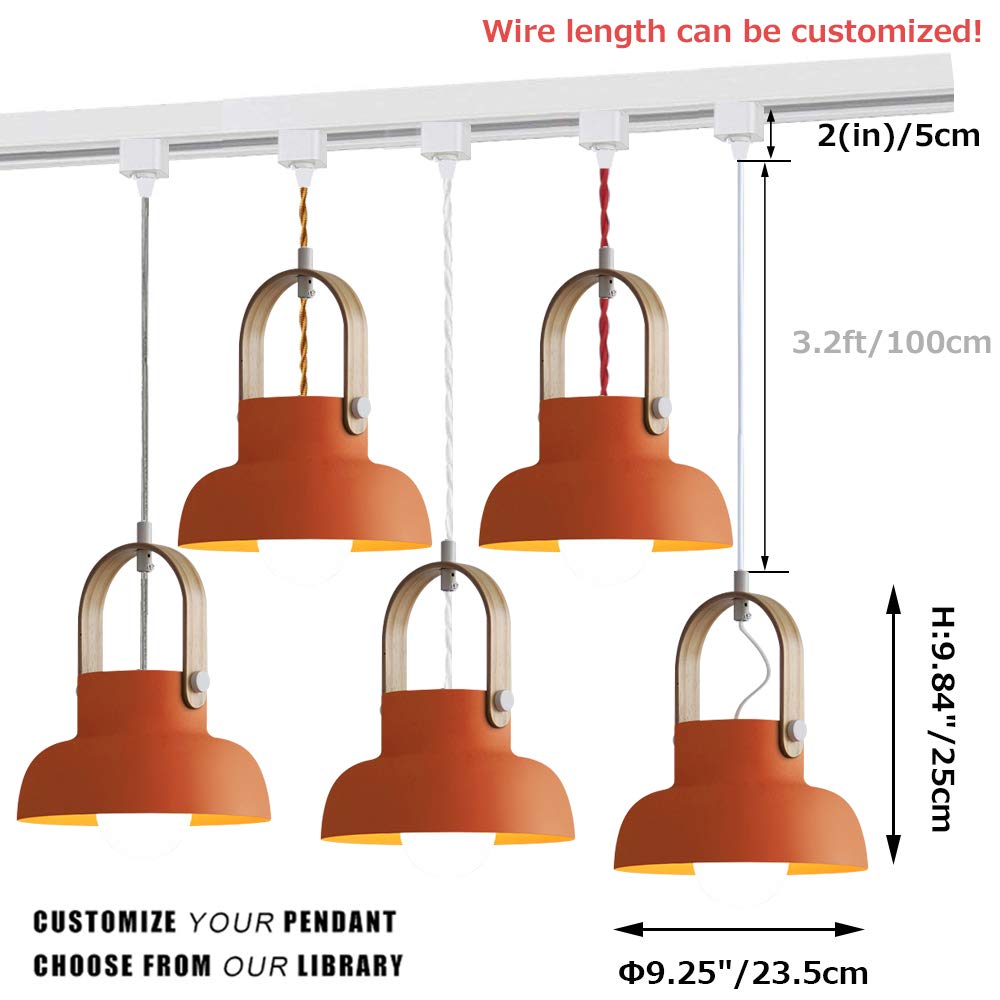 Dimmable Modern Juno-Style Track Pendant Light with Wooden Handle & Peach Iron Shade - 3-Light Adjustable Kitchen Island Lighting for Dining Room, Cafe, and Home Decor
