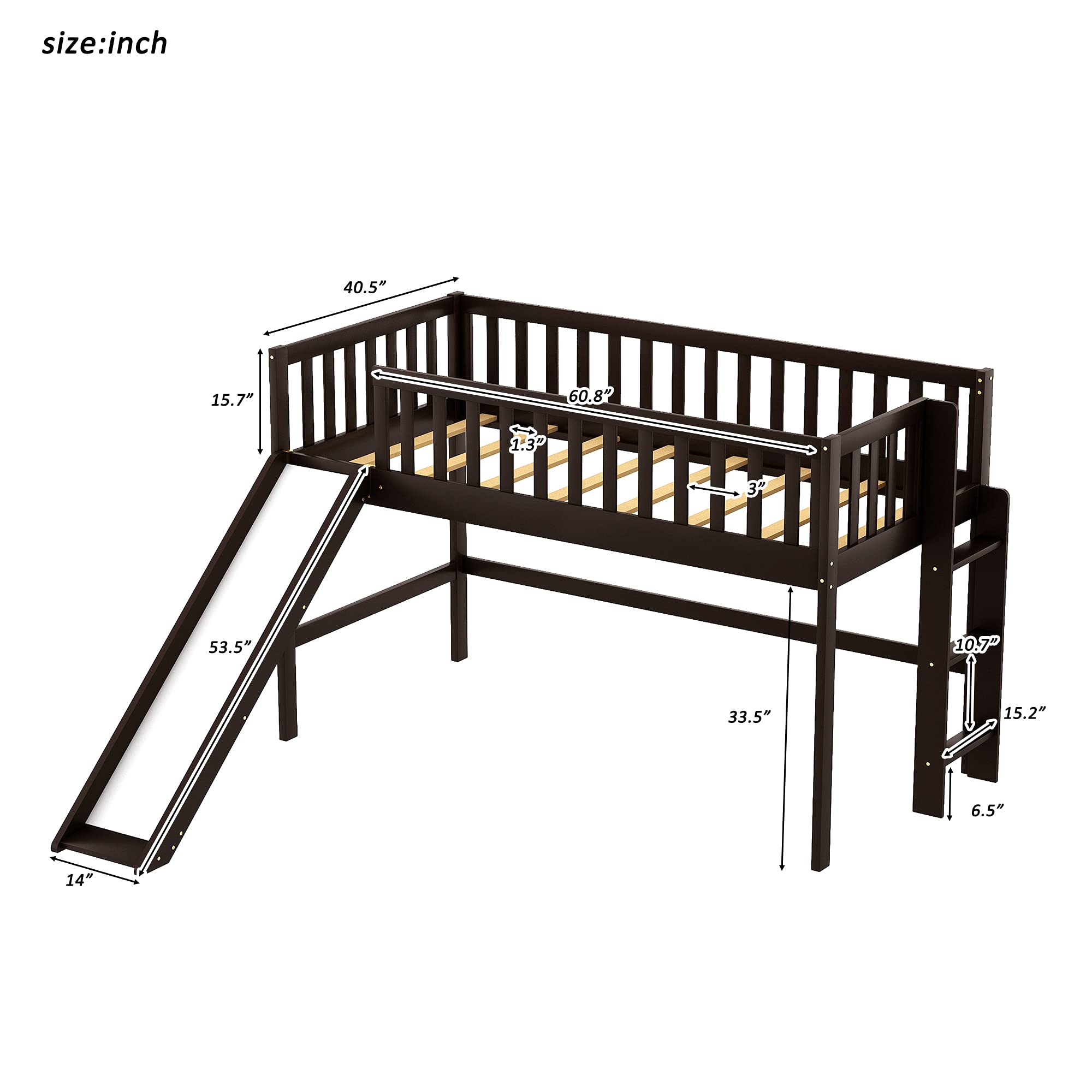 Twin Size Low Loft Bed with Ladder and Slide - Solid Wood Loft Bed Frame for Kids, Teens & Toddlers - Low Profile Mini Loft Bed with Safety Rails (Espresso & Pine Wood) - Perfect for Small Bedrooms, Playrooms & Dorm Rooms