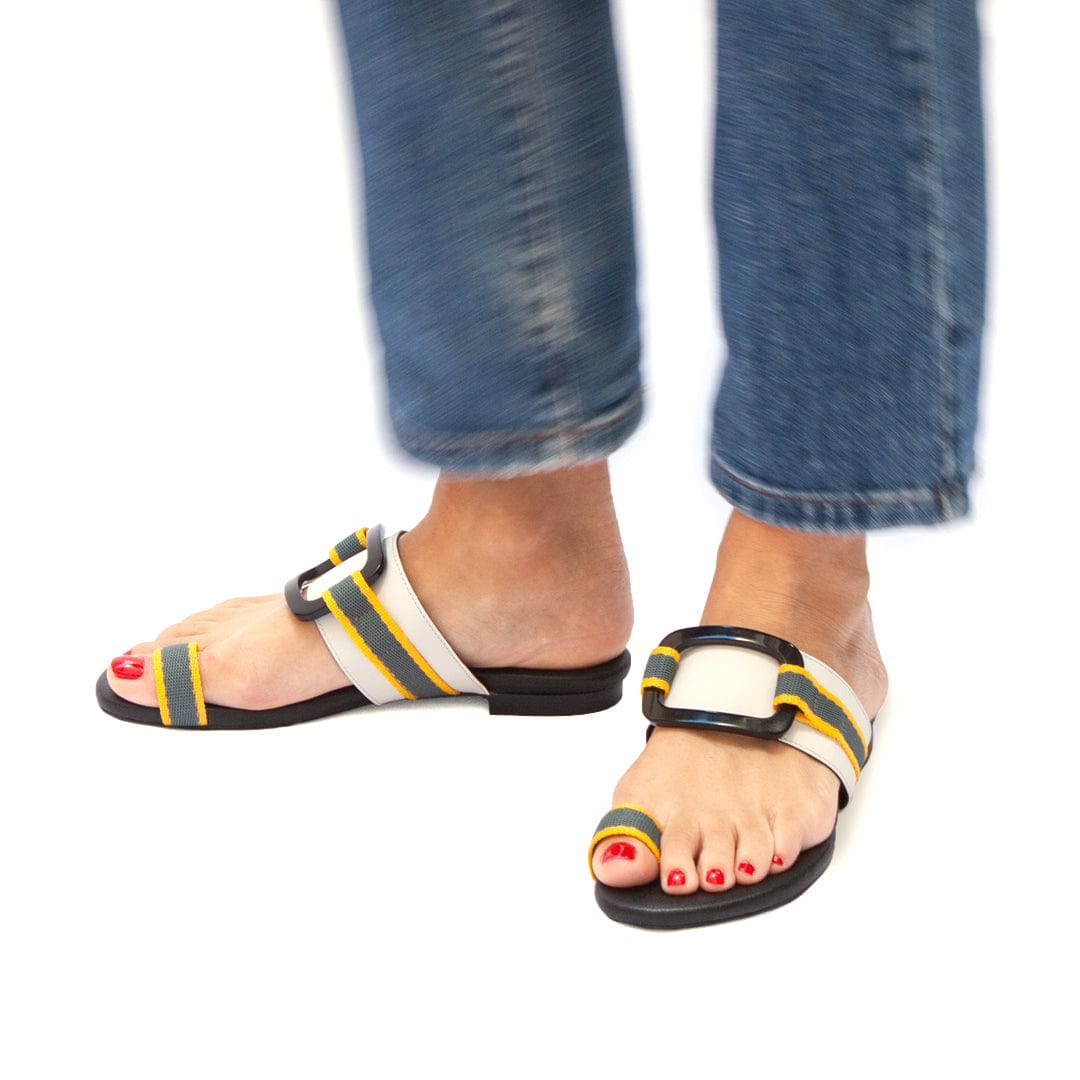 Gala Vegan Leather Slide Sandals for Women - Comfortable Grey & Yellow Casual Summer Shoes | Perfect for Beach, Pool, and Vacation Wear