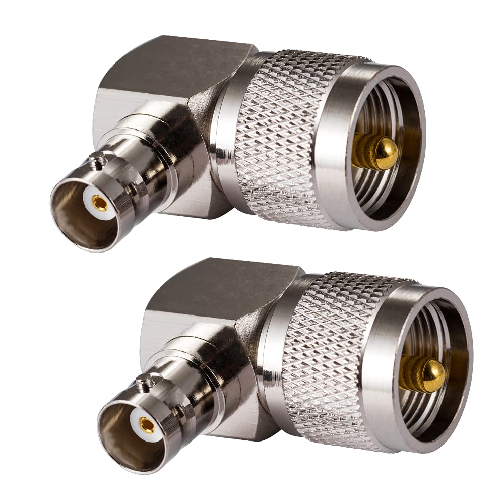 2PCS CB Radio Adapter - UHF Male to BNC Female Right Angle 90-Degree Antenna Connector, Nickel Plated for Ham Radio, Scanner & Two-Way Communication