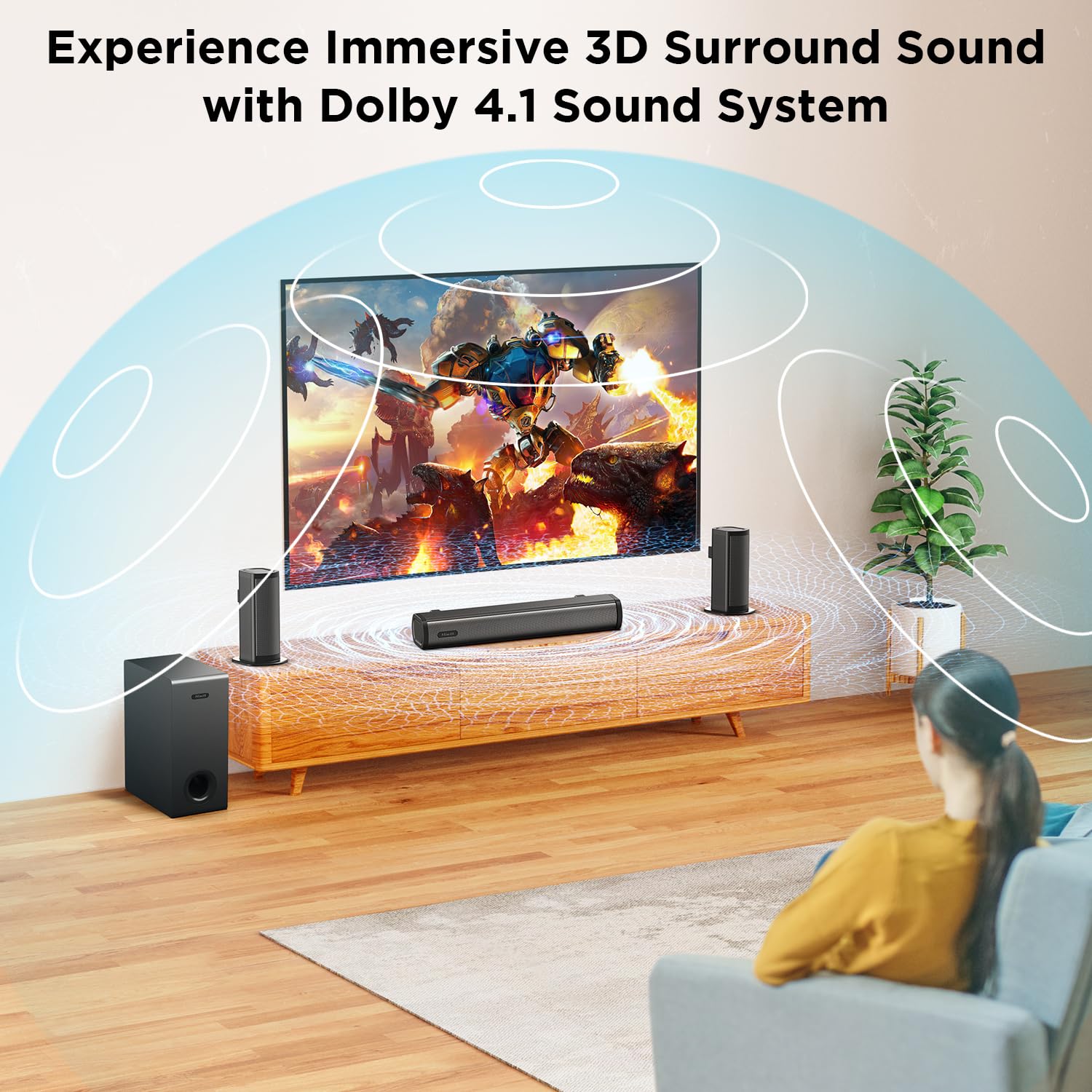 Dolby Audio 4.1 Channel Sound Bar for Smart TV - Home Theater Surround Sound System with Wireless Subwoofer & 2 Rear Speakers | HDMI ARC, Deep Adjustable Bass | Perfect for 4K TVs, Gaming & Movie Nights