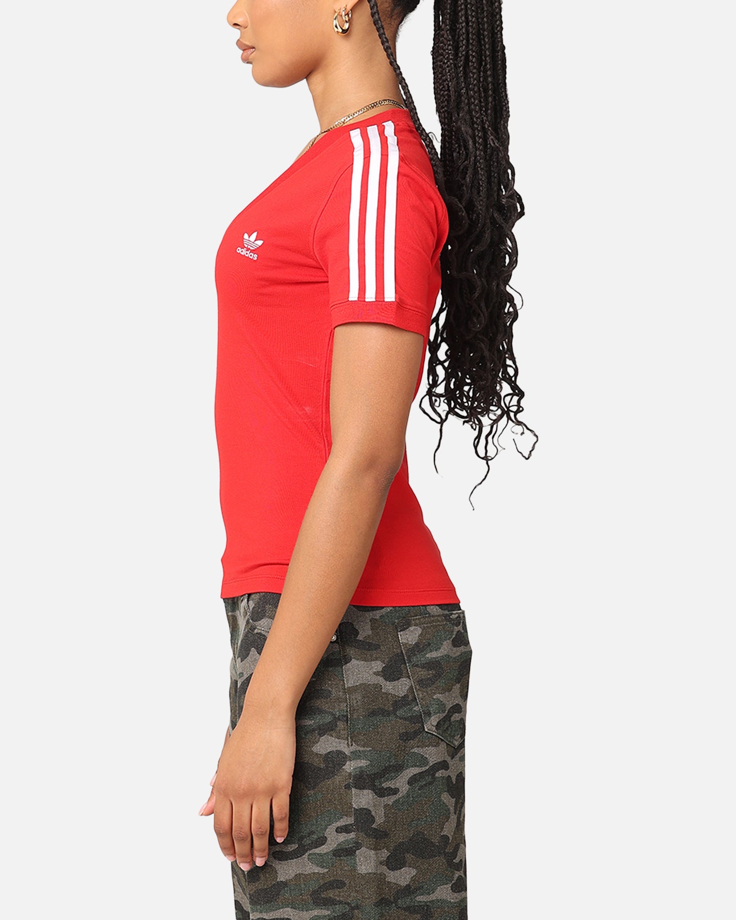 Adidas Women's 3 Stripe V-Neck T-Shirt - Better Scarlet Red Casual Tee for Running, Gym & Everyday Wear