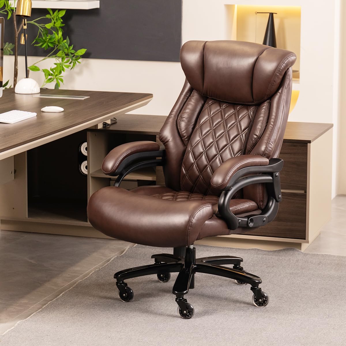 500lbs Heavy Duty Big and Tall Office Chair - Wide Spring Seat Executive Desk Chair with 360 Swivel & Large Casters - Oversized Computer Chair for Home & Office Workspaces (Brown)