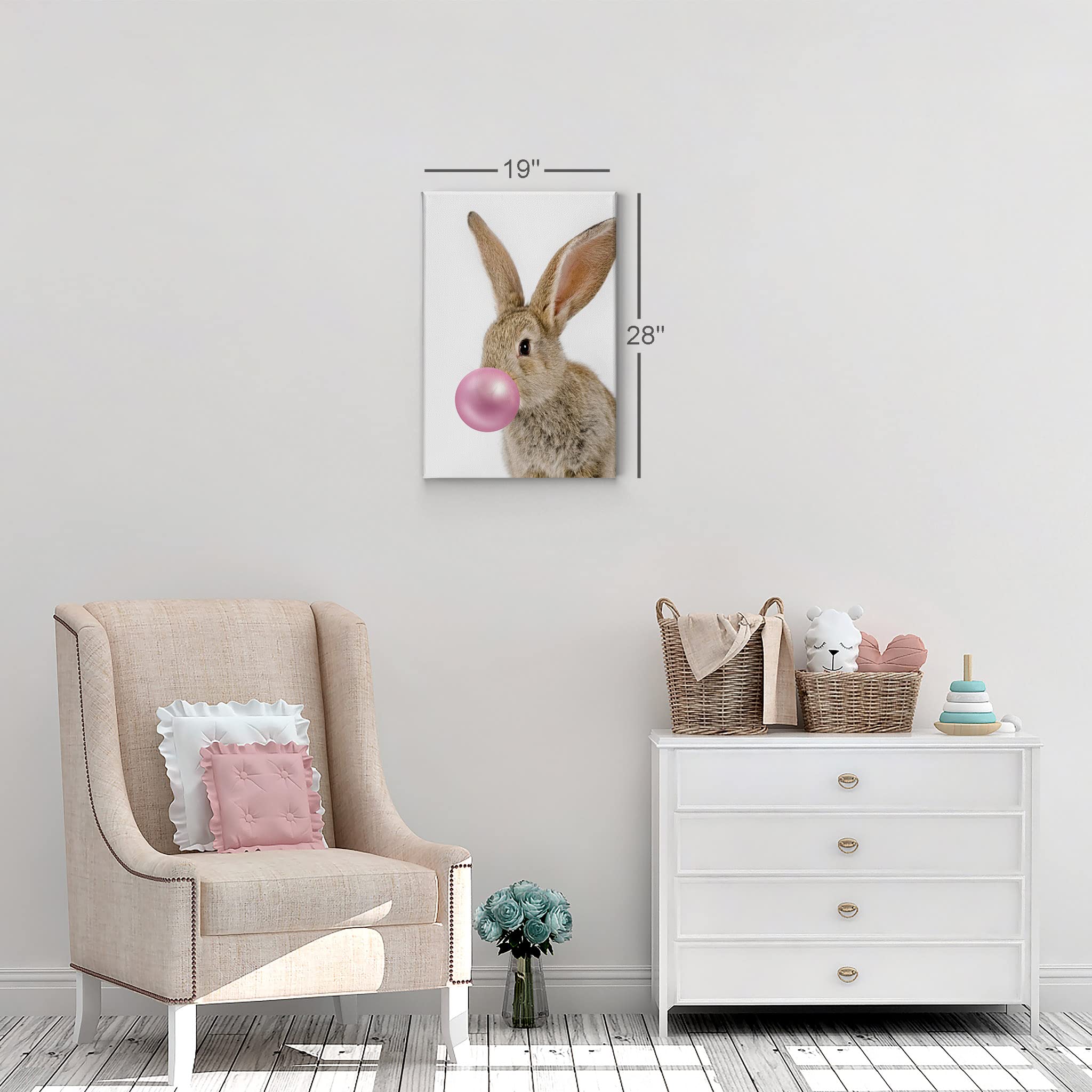 Smile Art Design Bunny Rabbit Canvas Print - Pink Bubble Gum Animal Wall Art for Nursery, Kids Room Decor - Stretched & Ready to Hang (22x15 inches) - Perfect Gift for Baby Showers & Children's Bedrooms - Made in USA