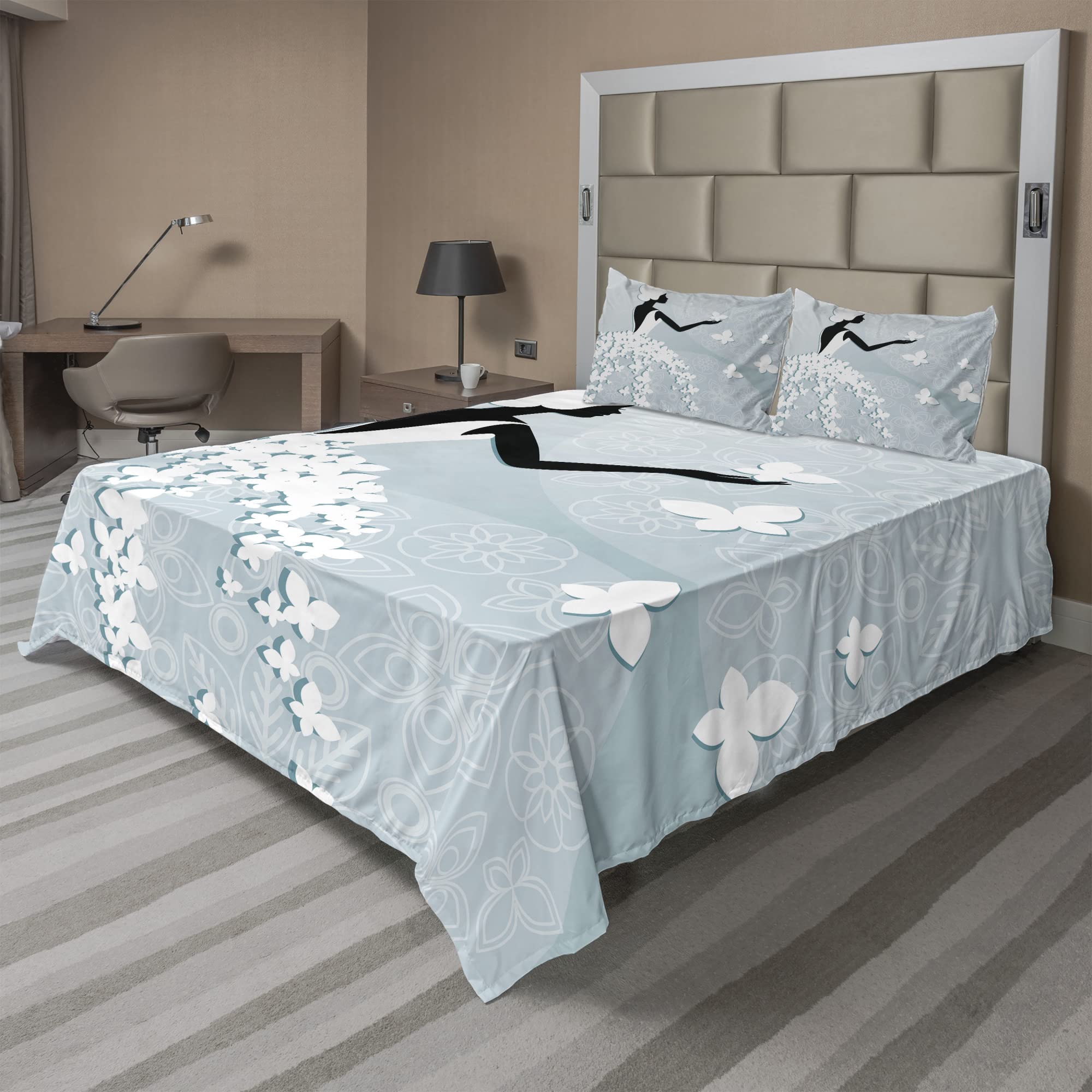 Ambesonne 4-Piece King Size Bridal Shower Sheet Set - Bride in Butterfly Dress Floral Print Bedding with Fitted Sheet, Flat Sheet & Pillowcases - Pale Blue & White Wedding Celebration Decor - Perfect for Bridal Showers, Honeymoon Suites & Guest Room Decor