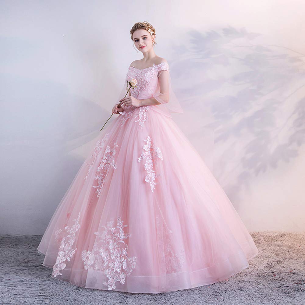 Emmani Women's Off Shoulder Lace Applique Wedding Dress - A-Line Long Formal Prom Evening Gown in Blush Pink | Perfect for Bridal, Quinceañera, and Red Carpet Events