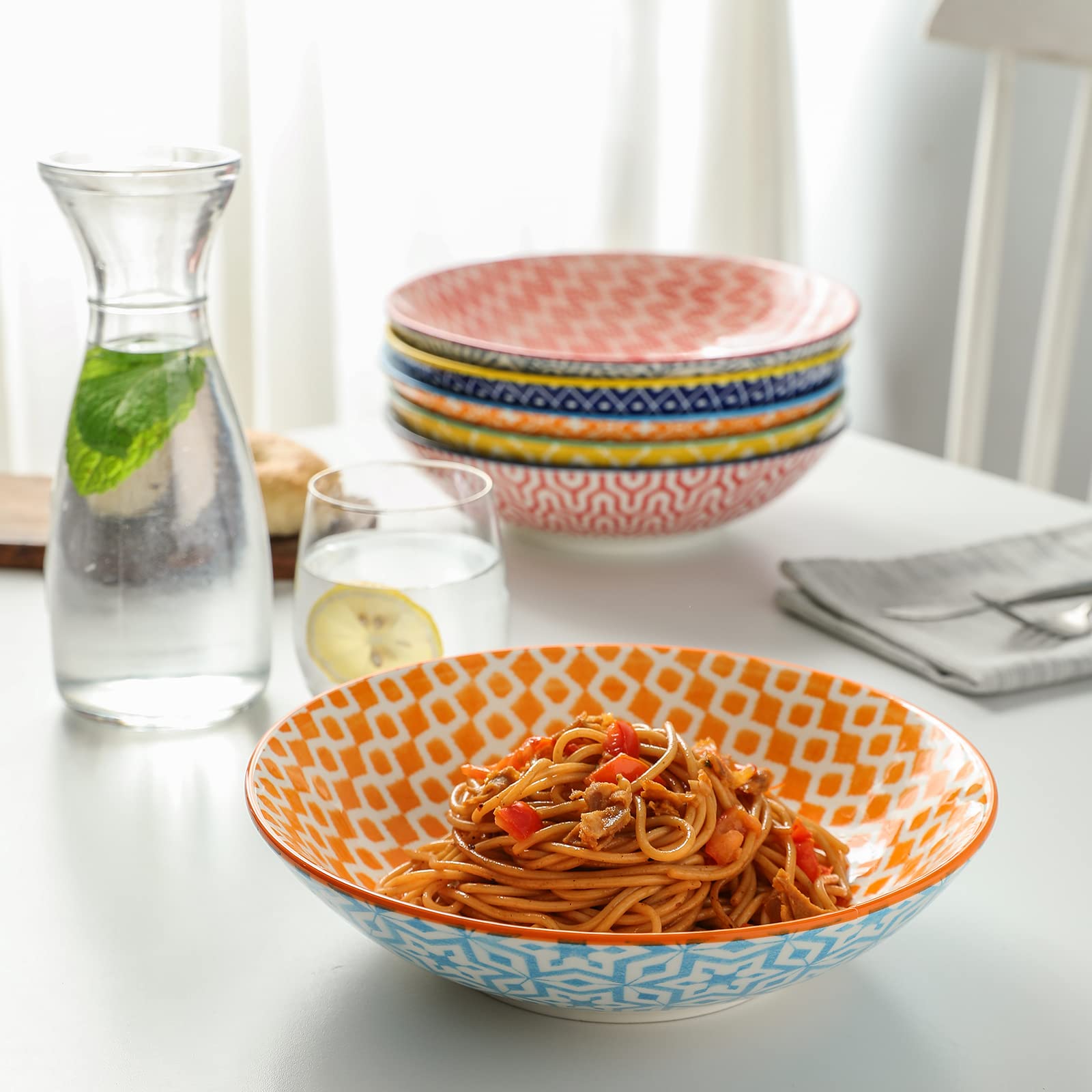 Selamica 40oz Porcelain Pasta Bowls - Set of 6 Large 9-Inch Microwave & Oven Safe Salad Serving Bowls in Vibrant Colors - Perfect for Family Dinners, Entertaining & Meal Prep