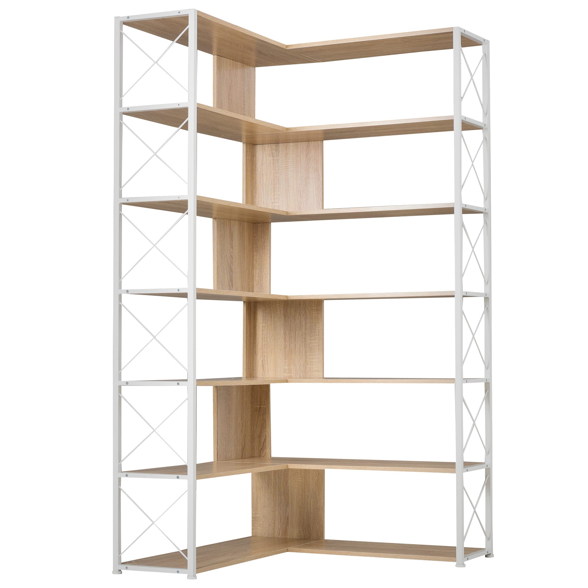 Merax 7-Tier L-Shaped Corner Bookcase - Industrial Style Metal Frame Bookshelf with Open Storage for Home Office (Oak, 70.9 Inches) - Perfect for Small Spaces, Living Room, Bedroom & Study Organization