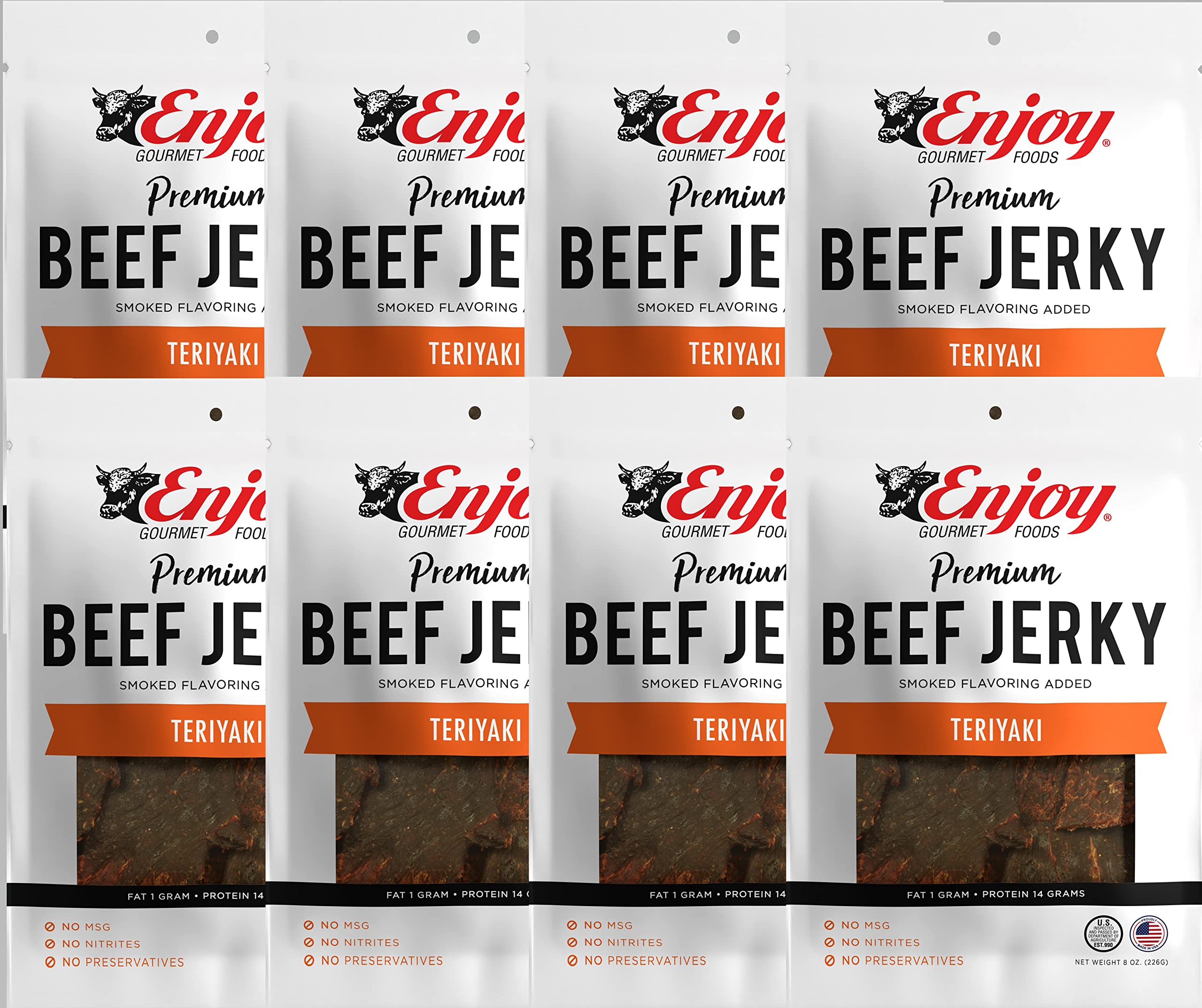 Premium Teriyaki Beef Jerky 8 oz (Pack of 8) | Traditional USA-Made High Protein Snack | Low Fat, No Trans Fat, Preservative-Free | No MSG or Nitrites | Resealable Bags for Freshness | Perfect for Hiking, Camping & On-the-Go Protein Boost