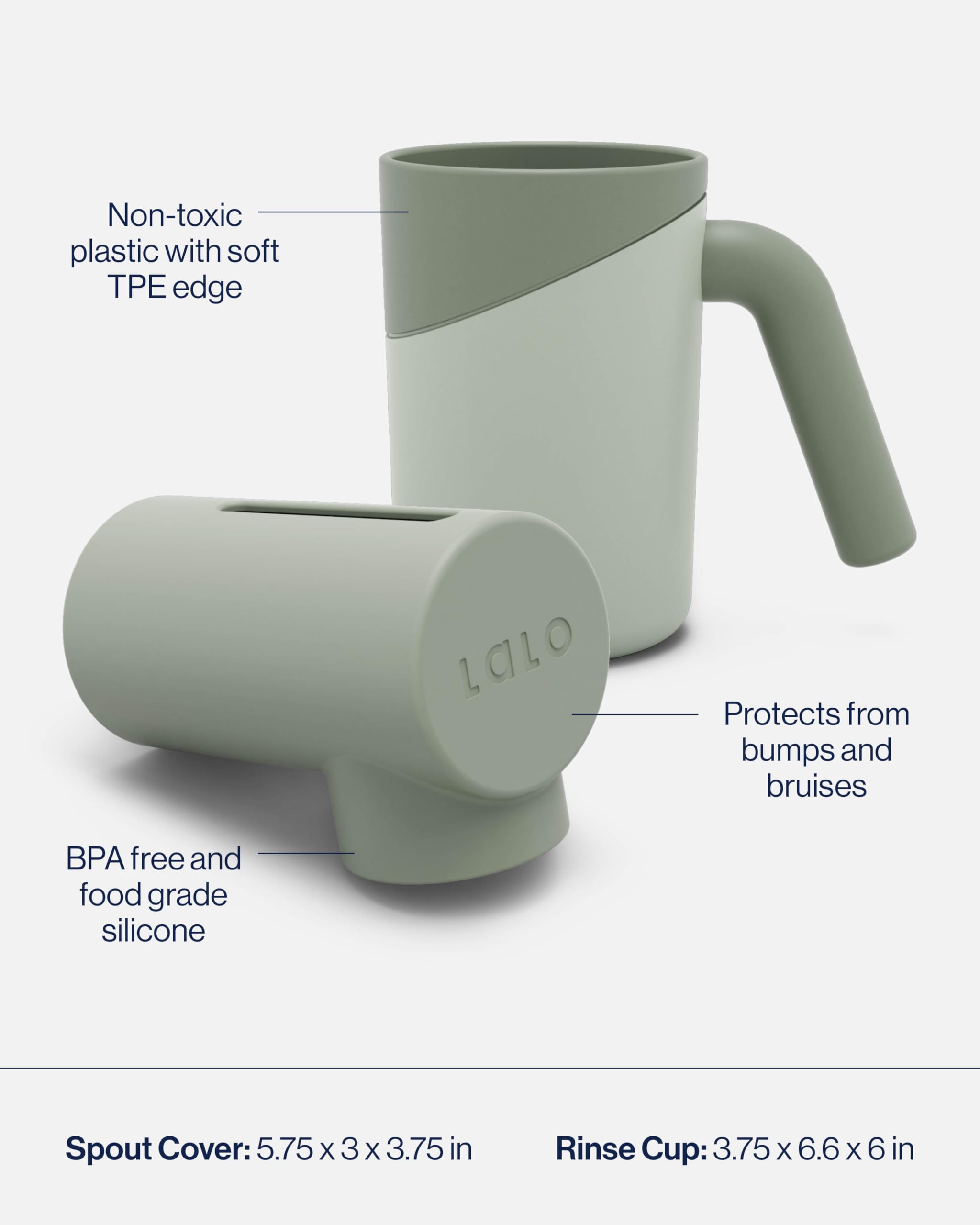 Lalo Baby Bath Essentials Set - Knee & Elbow Saver, Rinse Cup & Spout Cover - Safe, Durable & Easy-to-Clean Infant Bathing Accessories for Newborns & Toddlers - Perfect for Bathtime Safety & Comfort in Sage Green
