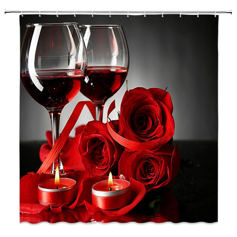 Luxury Rose Red Wine Themed Shower Curtain - Waterproof Polyester Fabric Bathroom Decor with Hooks (35x70 Inch) - Romantic Blooming Flower Design for Couples, Home Spa & Wedding Gift Idea