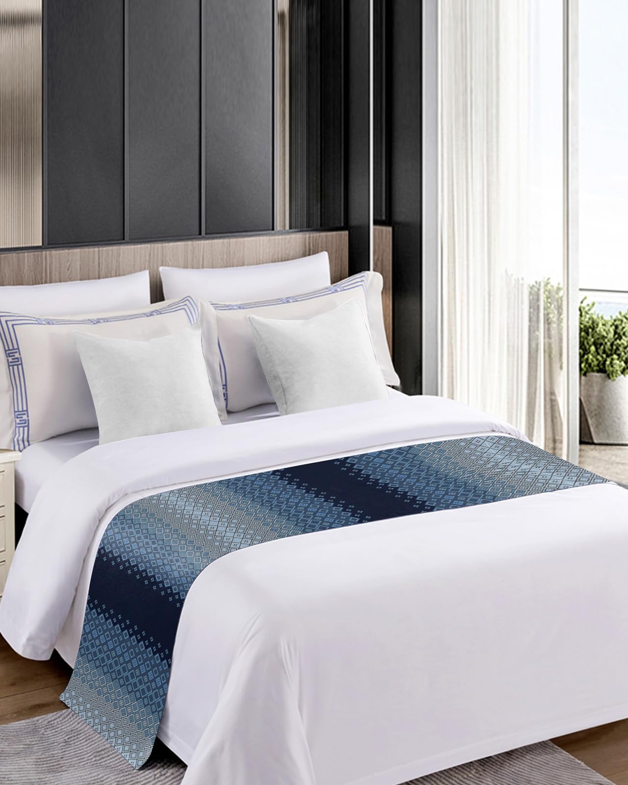 Gradient Blue Bed Runner Scarf - Twin Size Luxury Bed Throw for Twin/Full/Queen/King Beds - Diamond Lattice Modern Abstract Design (71